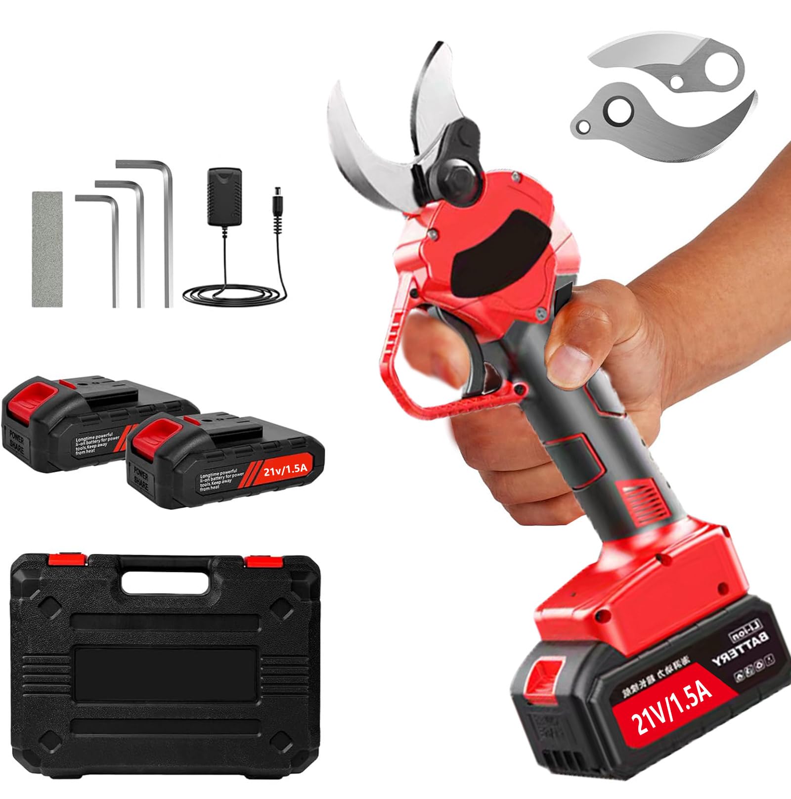 Tijeras de Podar EléCtricas, Podadora de áRboles InaláMbrica de 1,37 Pulgadas de DiáMetro de Corte con 2 BateríAs Recargables de 1,5 Ah y 2 Cuchillas, Podadora de JardineríA,incision 3.0-3.5cm-110V