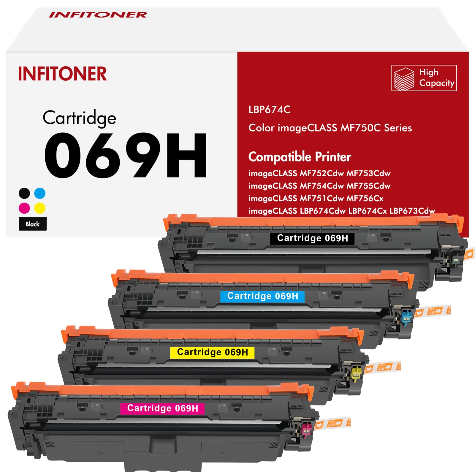 069H Toner Compatible Toner Cartridge Replacement for Canon 069H 069 CRG-069H CRG-069 imageCLASS LBP673Cdw LBP674Cdw LBP674Cx MF751Cdw MF753Cdw MF752Cdw MF756Cx, 4-Pack Black Cyan Magenta Yellow
