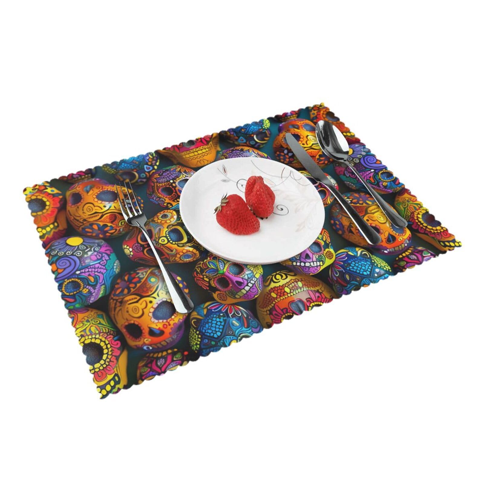 Colorful Sugar Skulls Printed Placemat Heat Resistant Place Mats Set of 4 PCS Washable Kitchen Table Mats, 12x18 Inch