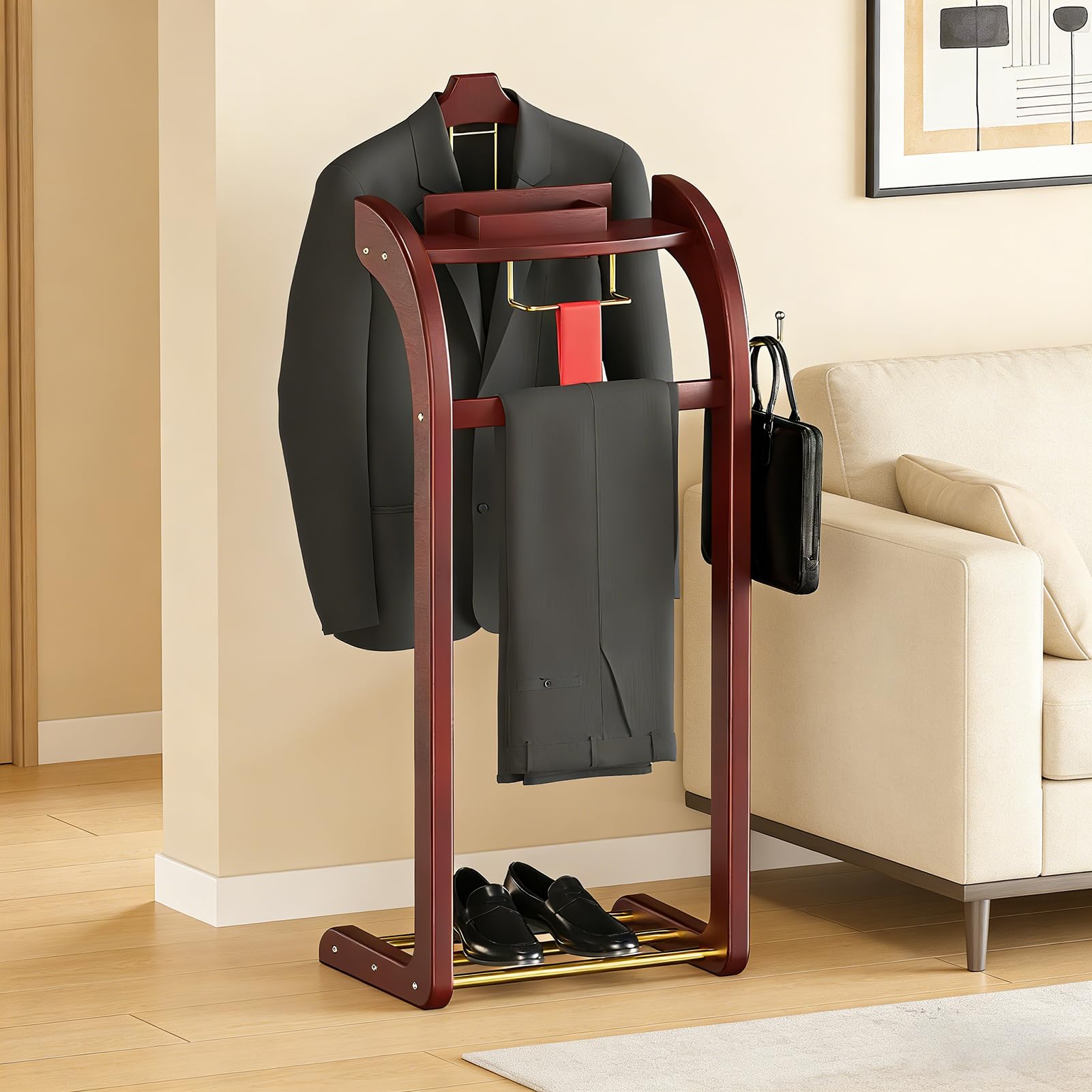 Suit Valet Stands for Women and Men, Wood Valet Stand with Base, Wardrobe Suit Valet Stand Organizer with Trouser Bar and Tie Bar, for Office Living Room-image-10