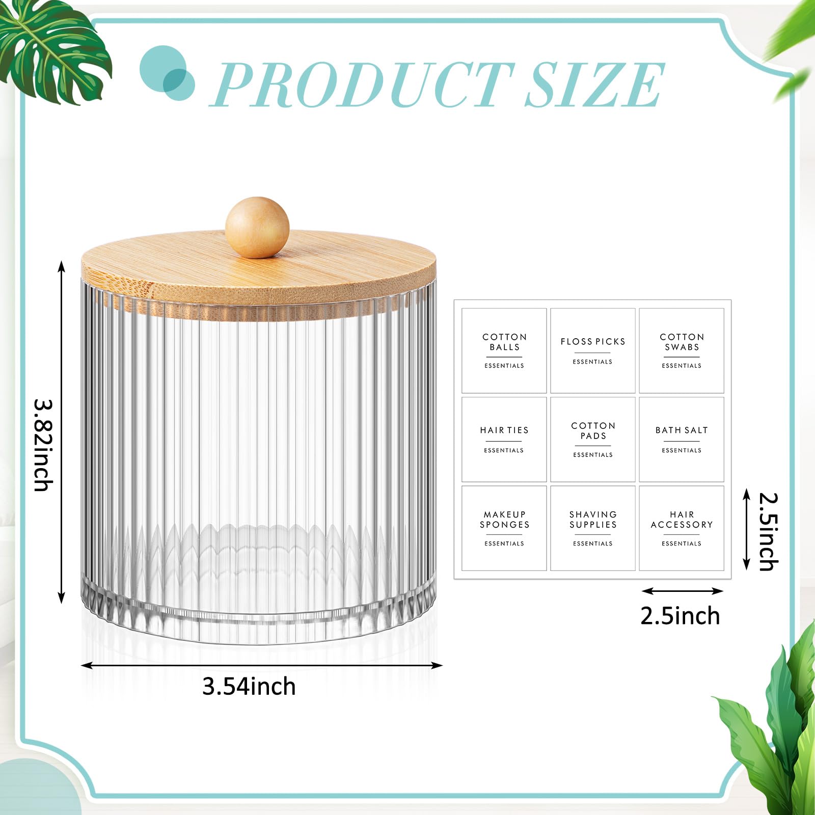 Yaomiao 6 Pcs Ribbed Bathroom Canisters Apothecary Jars with Wood Color Bamboo Lids and Label Stickers, 18 oz Plastic Canister with Fluted Design for Cotton Ball, Swab, Floss Picks House Storage