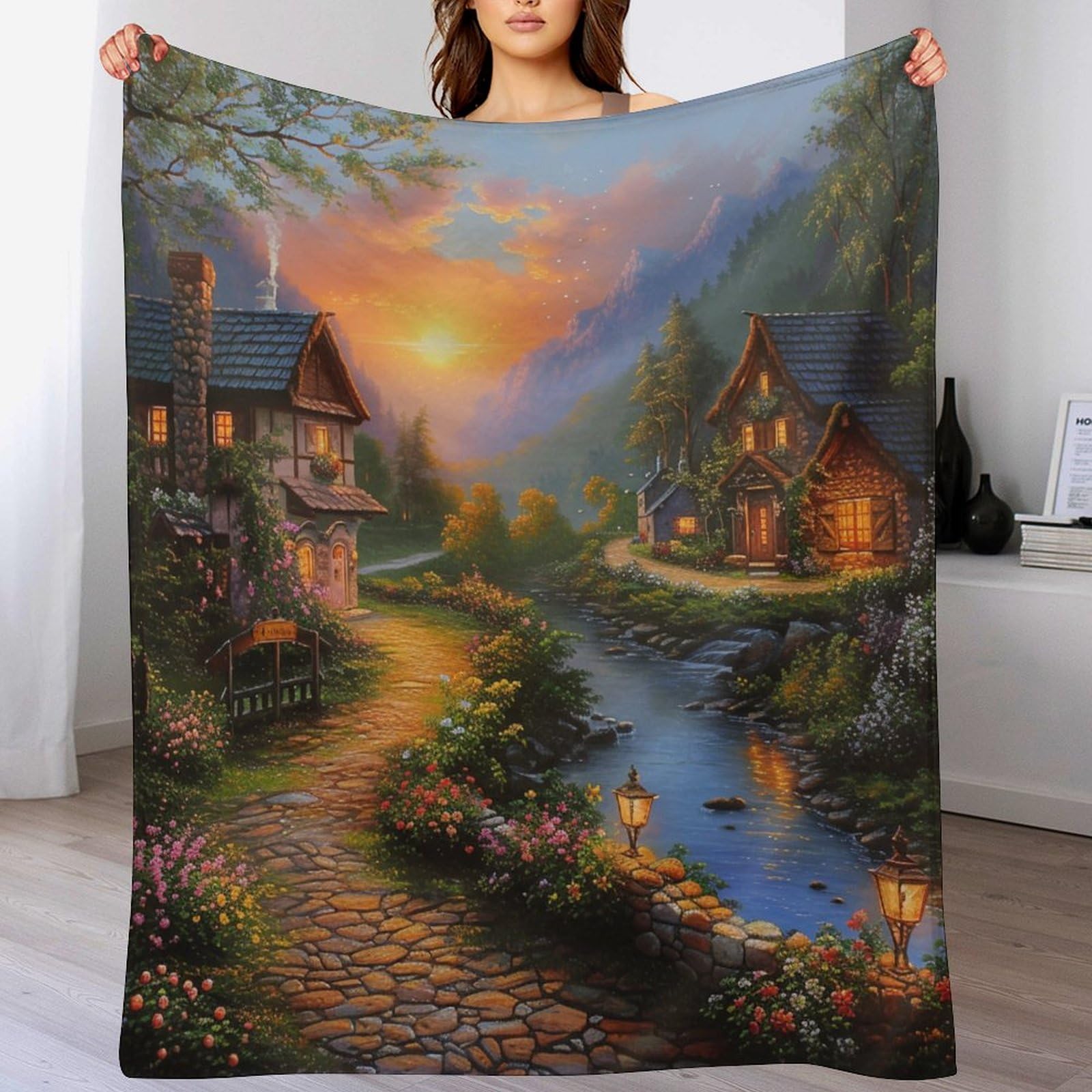 Plaid paysage pour lit et canapé couverture imprimée douce 130x150cm pour chambre d'enfant