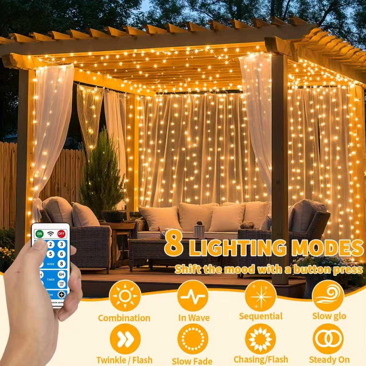 Solar Vorhanglichter 6×3m mit 600 LEDs, 8 Lichtmodi wasserdichte Solar Wasserfall Lichterkette mit Fernbedienung & Timer, Außendeko für Balkon, Pavillon und Hochzeiten