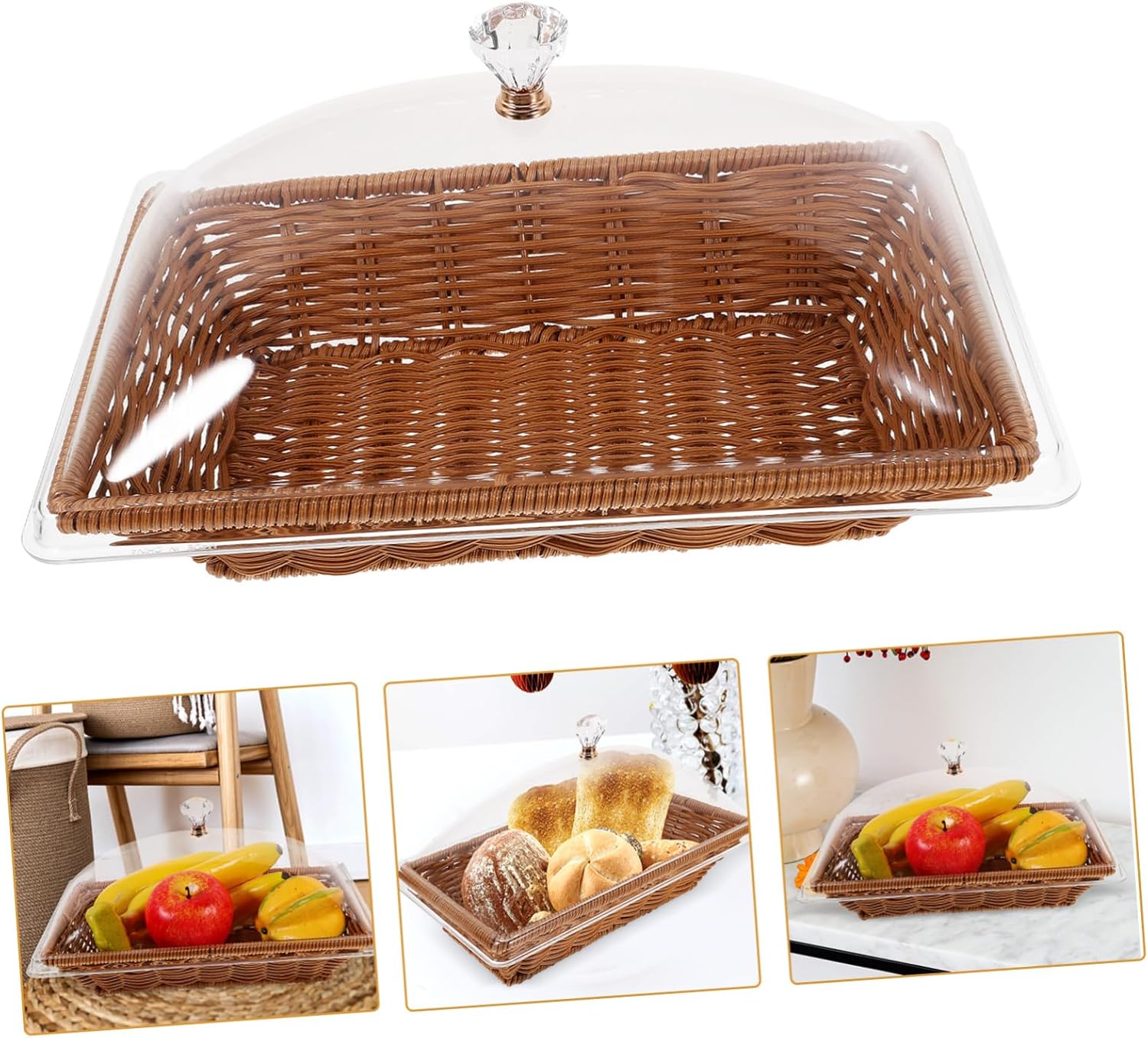 1Set Woven Storage Basket with Transparent Lid Versatile Food Preservation Basket for Fruits Vegetables and Breads for Parties and Kitchen Display