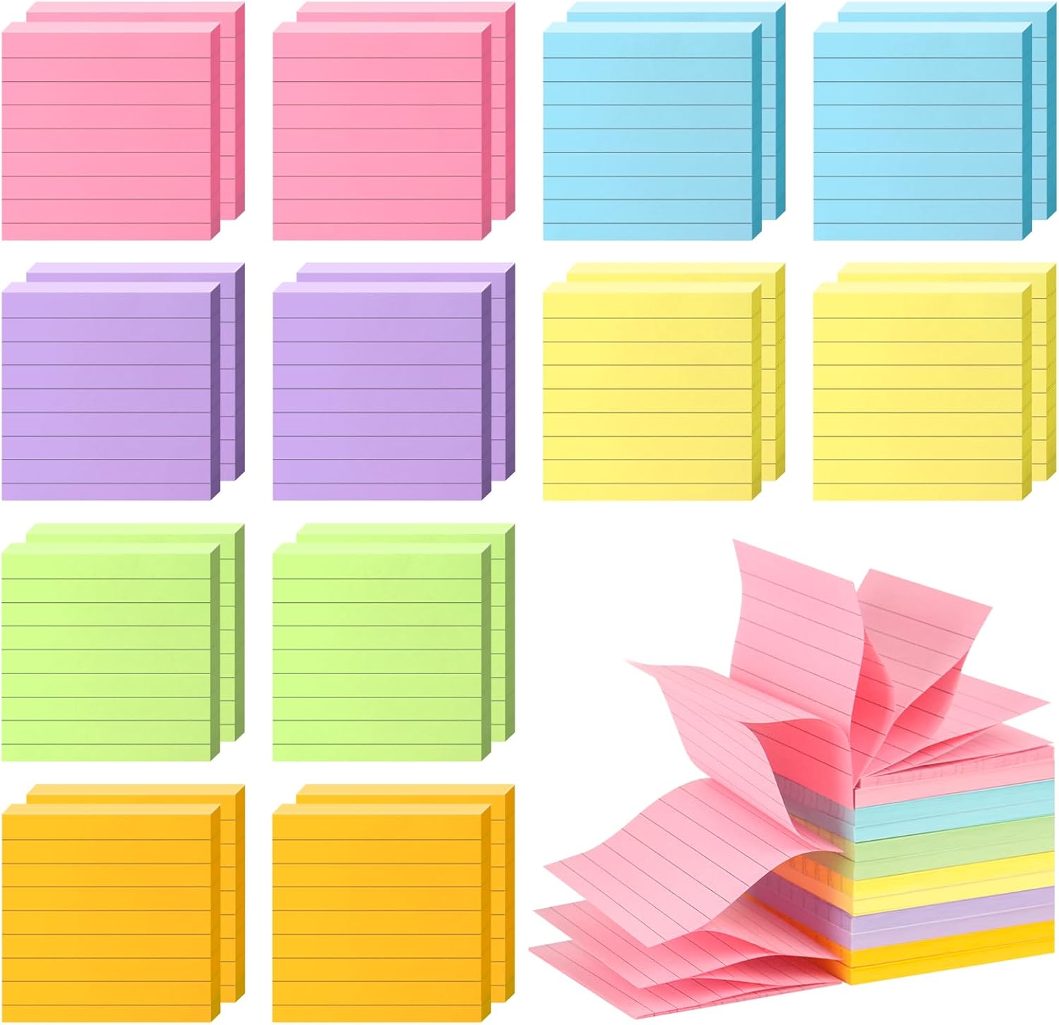 Pop Up Sticky Notes 3x3 Refills Lined, 24 Pads Bulk, 6 Colors Accordion Memo Pads for Dispenser Home Office School Meeting, 50 Sheets/Pad