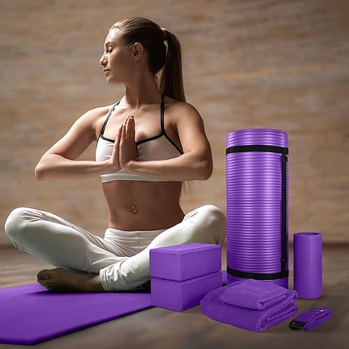 Miniatura 5 de BalanceFrom Fitness - Juego de 7 piezas de yoga para gimnasio en casa con esterilla de yoga de 1 pulgada de grosor, 2 bloques de yoga, toalla de