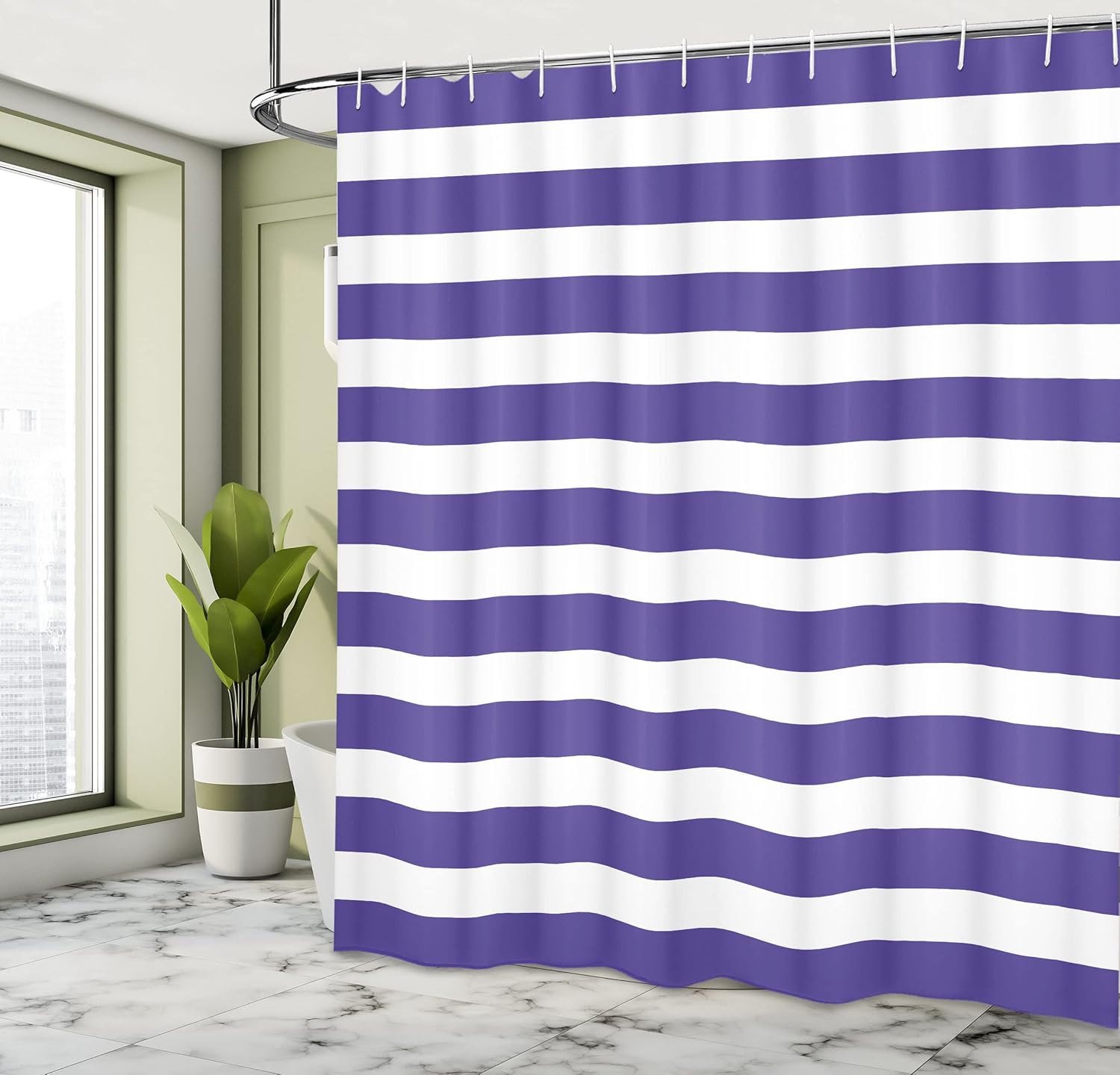 Ambesonne Striped Shower Curtain, Nautical Marine Style Navy Blue and White Sailor Theme Geometric Pattern Art Print, Cloth Fabric Bathroom Decor Set with Hooks, 69" W x 84" L, Purple