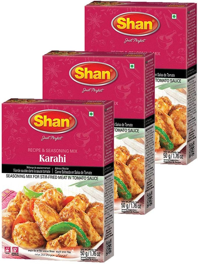 Shan Karahi Recipe and Seasoning Mix 1.76 oz (50g) - Spice Powder for Stir Fried Meat in Tomato Sauce - Suitable for Vegetarians - Airtight Bag in a Box (Pack of 3)