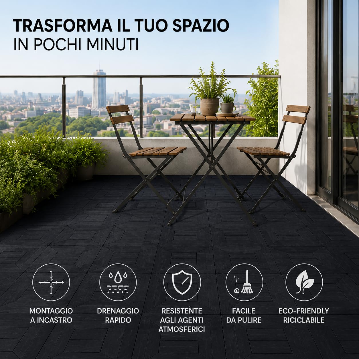 Set di Piastrelle in Plastica 30x30x2h cm - Pavimento Esterno, Giardino, Sistema a Incastro, per Terrazza, Patio, Resistente - Set da (48, Antracite)