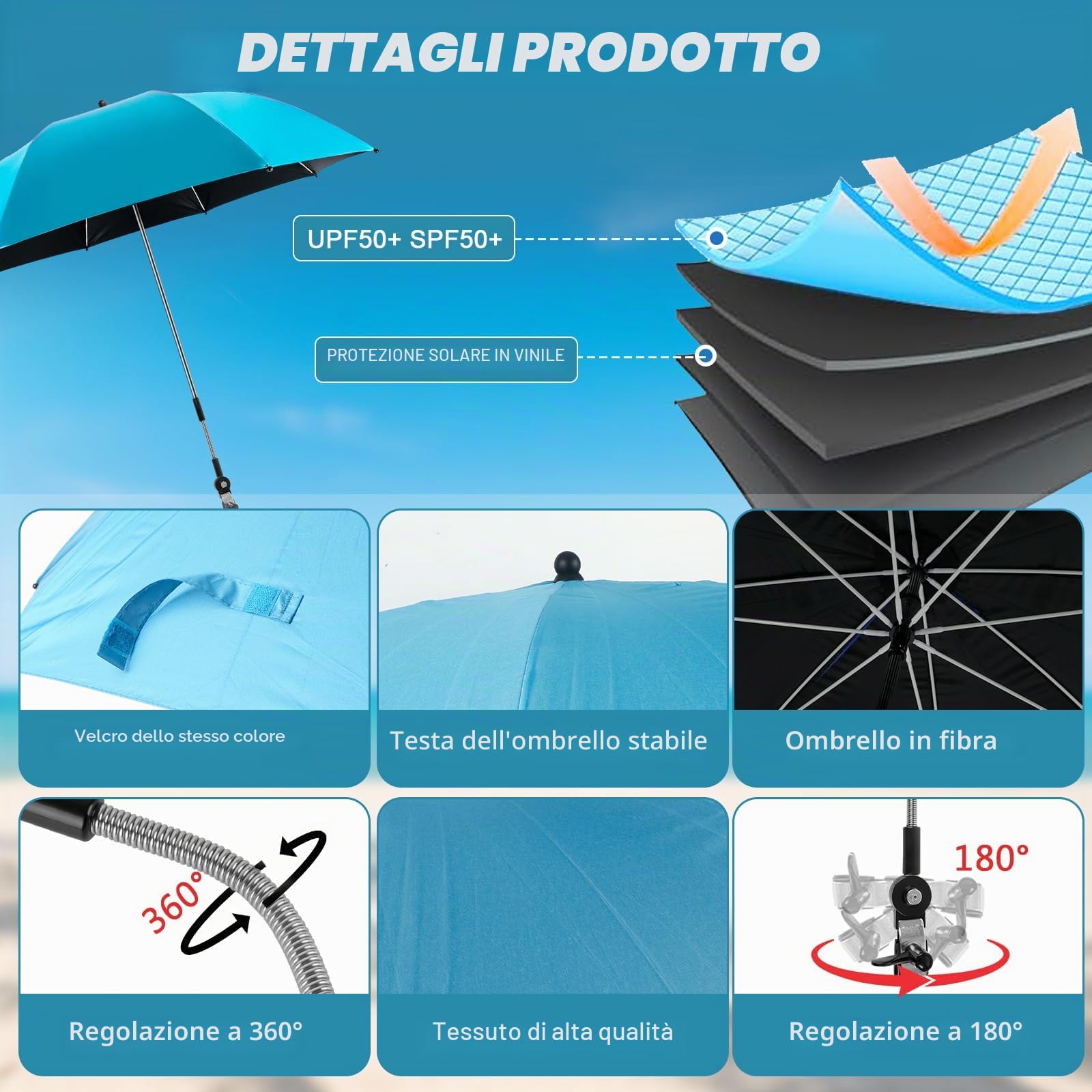 panthem Confezione da 2 ombrelloni da spiaggia con morsetto universale, UPF 50+ 360°, parasole portatile per sedia da campeggio, sedia a rotelle, sedie da patio, golf cart, balcone