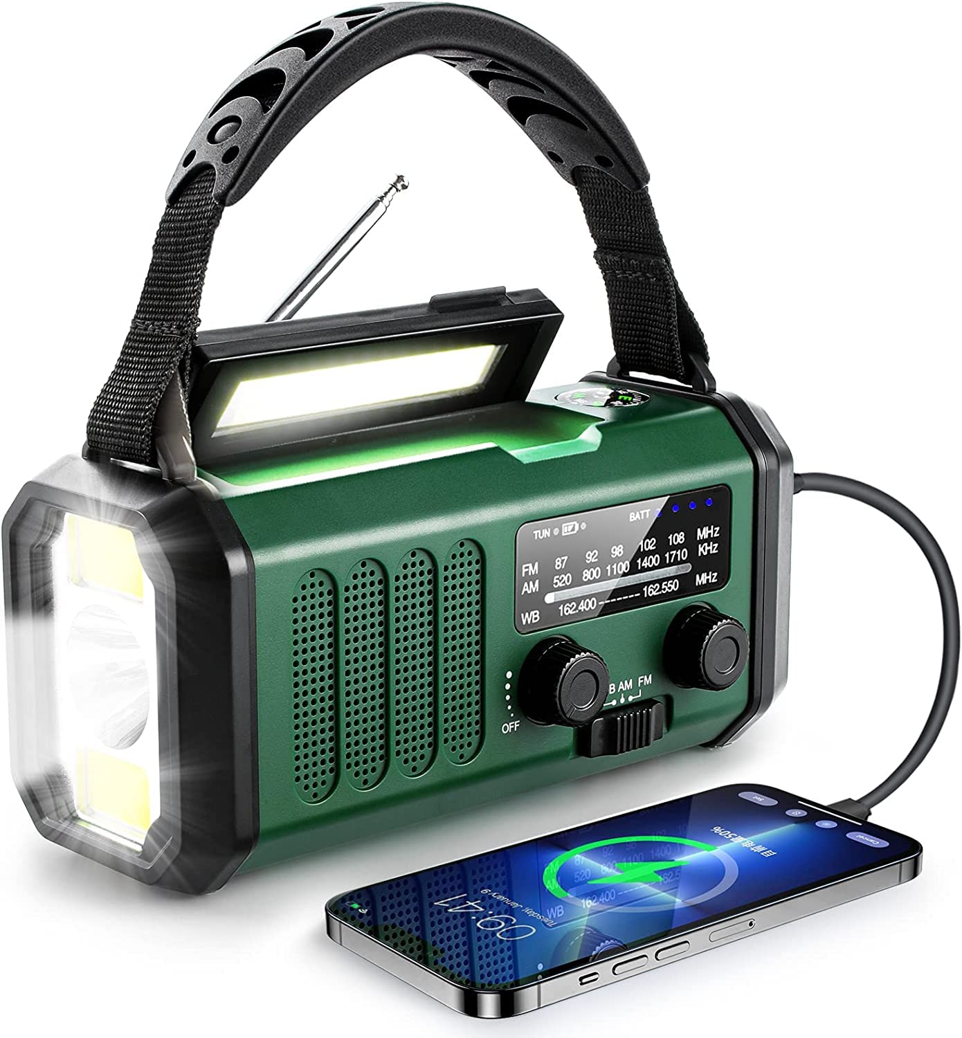 Radio AM/FM/WB Portatile Emergenza Solare,Winnes Radiolina a Manovella Dinamo con Batteria da 20000 mAh per Ricarica Telefono di Emergenza Outdoor Allarme SOS e Torci,LED Lampada da lettur - (Verde)