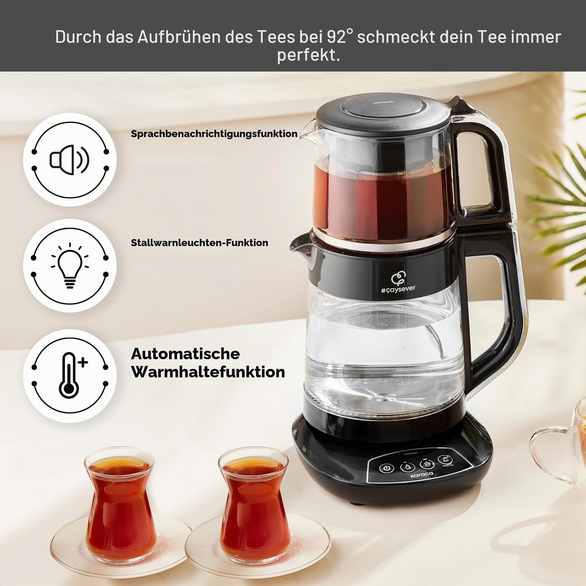 Karaca Caysever Maschine, Stahl, Chrome 1700 W, BPA-frei, 0,8 Lt Fassungsvermögen Glas-Teekanne, 1,5 Lt Fassungsvermögen Wassertank, Wasserzubereitung