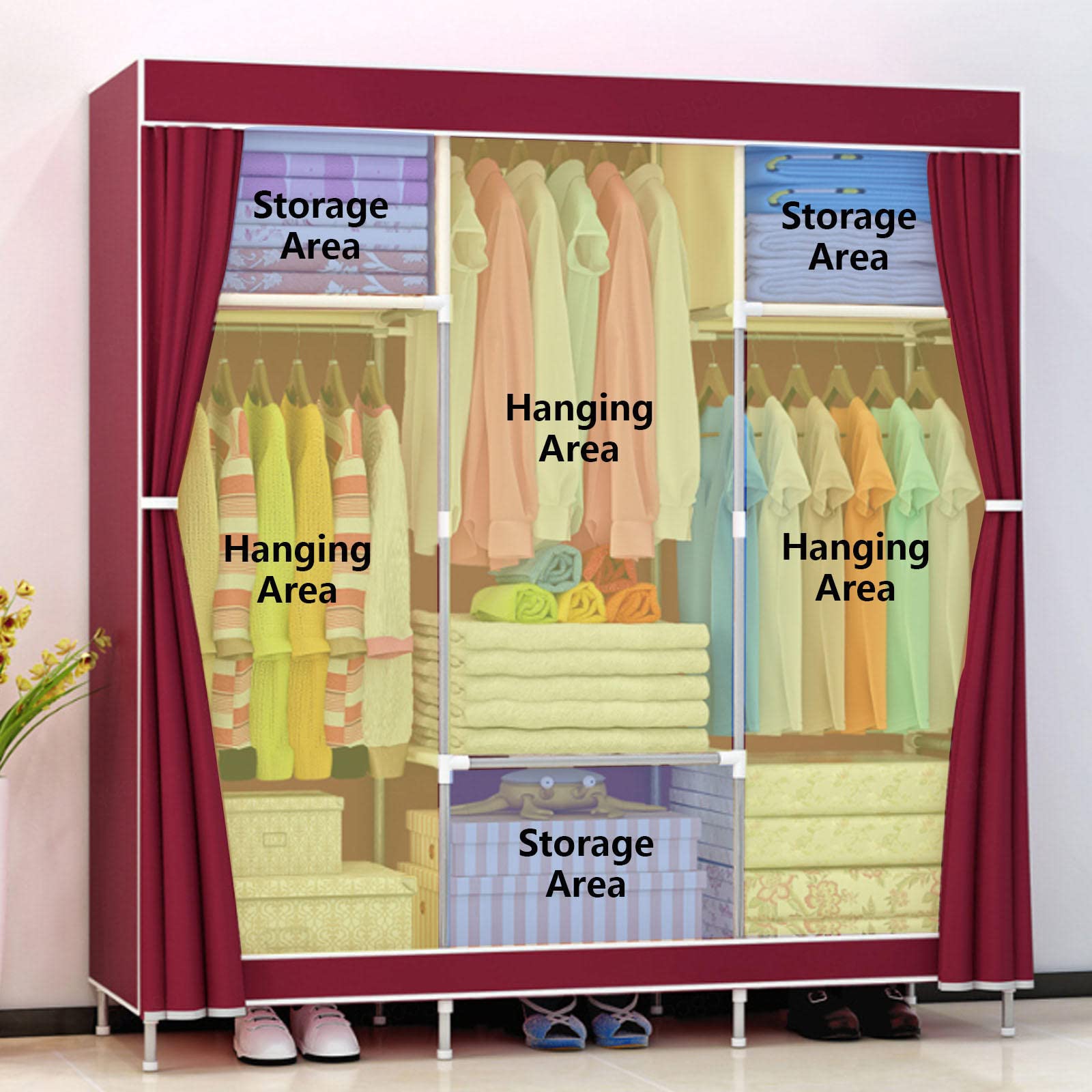 Kleiderschrank aus Segeltuch, Stoffgarderobe, faltbarer Kleiderschrank, Aufbewahrungsorganisator mit Kleiderstange, Kleiderschrankregale für Schlafzimmer, Pink-105 x 46 x 156 cm