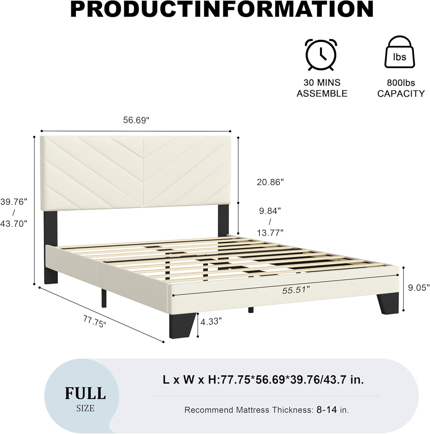Full Size Bed Frame Platform with Upholstered Headboard, Sturdy Wooden Slats, Noiseless, No Springs Required, Easy to Assemble Beige