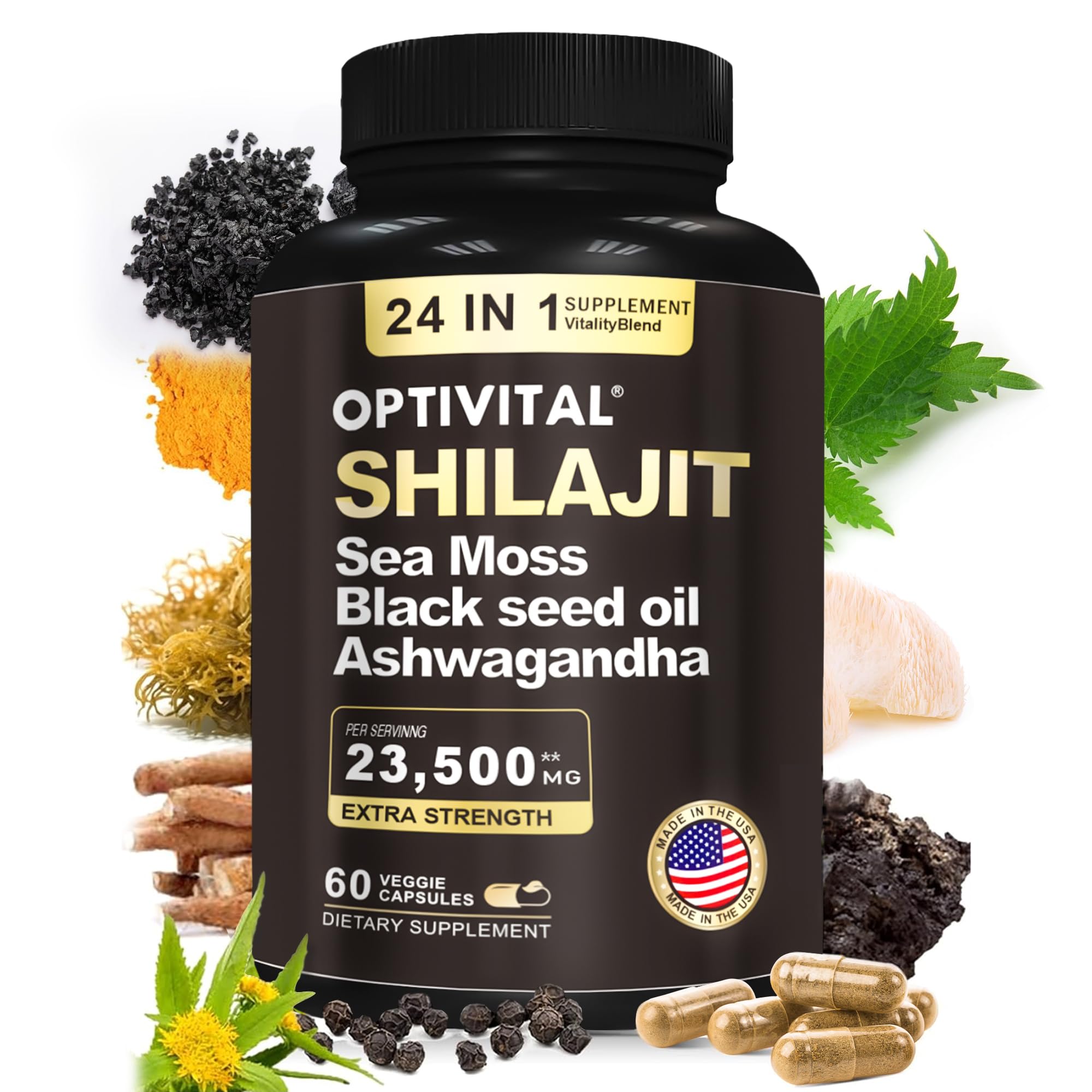 Pure Himalayan Organic Shilajit for Men & Women Sea Moss, Black Seed Oil, Ashwagandha, Rhodiola & Burdock, Ginseng Cordyceps & Biloba, Nettle & Turmeric (No Fillers) (60 Caps)