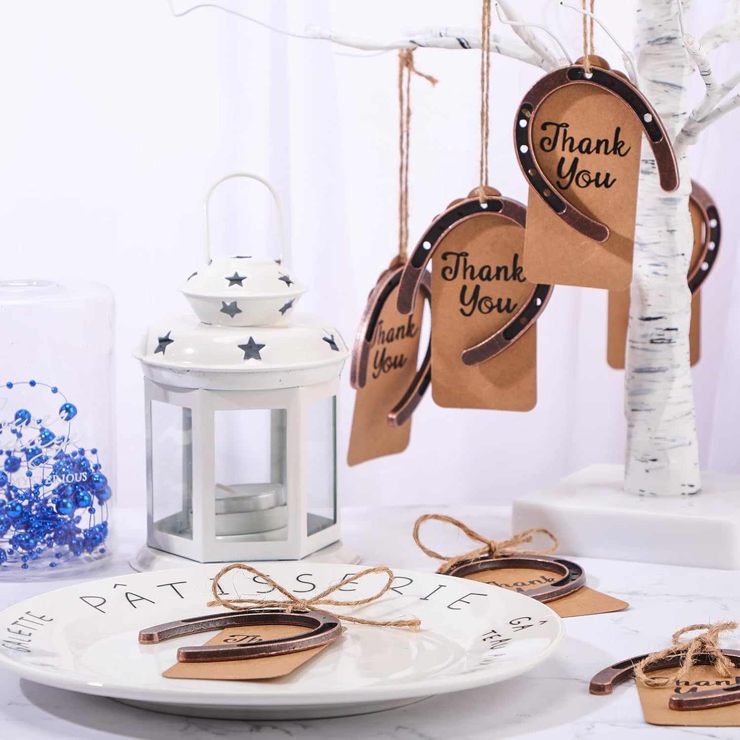 Leinuosen 24 Pcs Good Lucky Horseshoe with Thank You Kraft Tags and Rope, Western Rustic Horseshoe Charms, Metal Horse Gifts for Vintage Wedding Birthday Cowboy Cowgirl Party Favors - Image 3