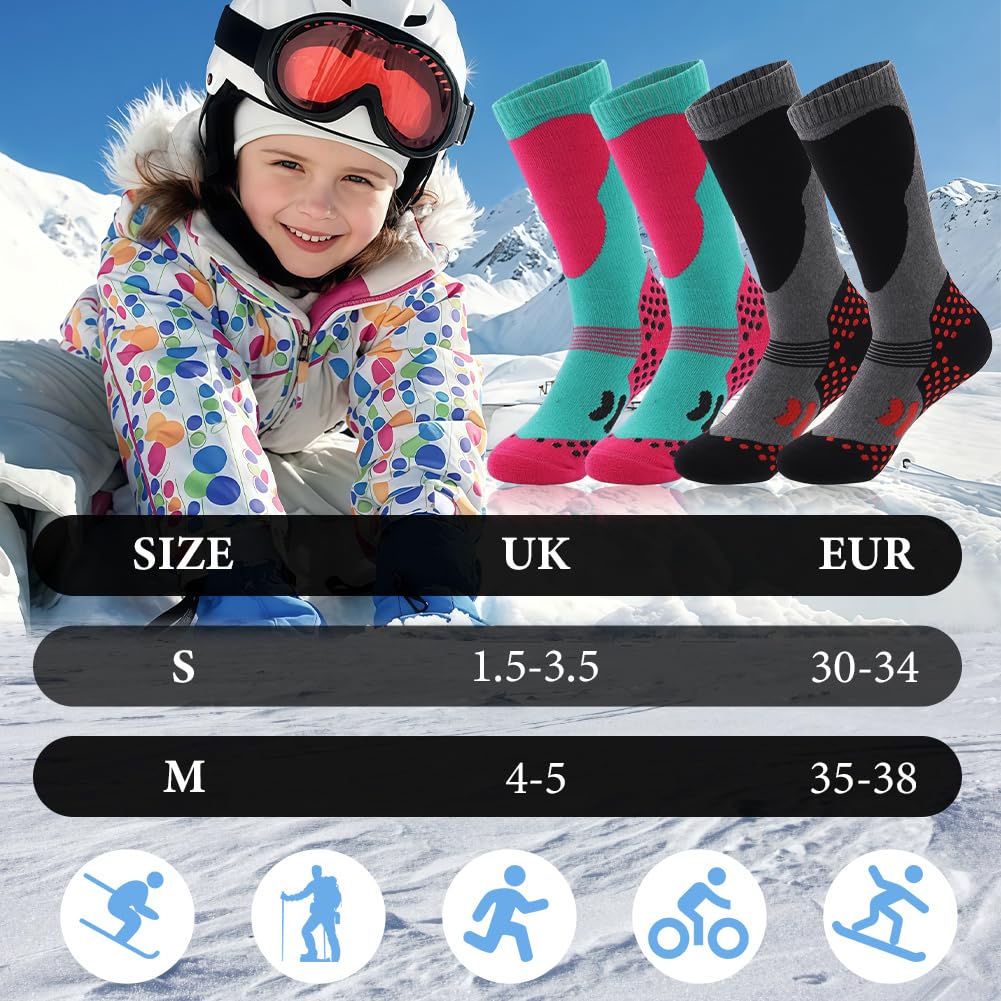 flintronic Skarpety narciarskie dla dzieci, 2 pary termicznych skarpet narciarskich dla chłopców i dziewczynek, grube długie skarpety dla dzieci, narciarstwo, snowboard, łyżwiarstwo