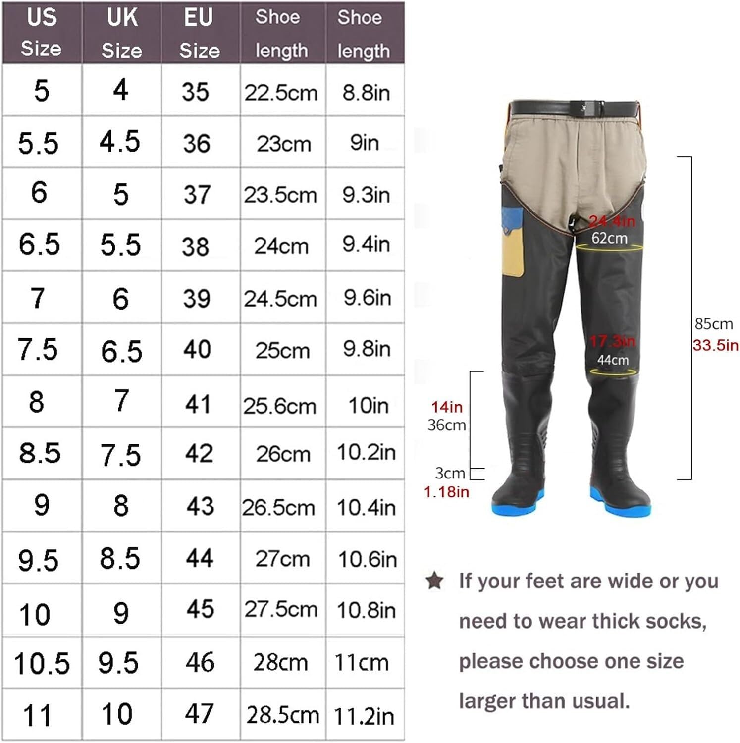 Podwodne Wodery wędkarskie Ciepłe zimowe wodery biodrowe, długie buty kaczki o długości 85 cm / 33,5 cala do wędkowania i polowania Kemping(43 EU)