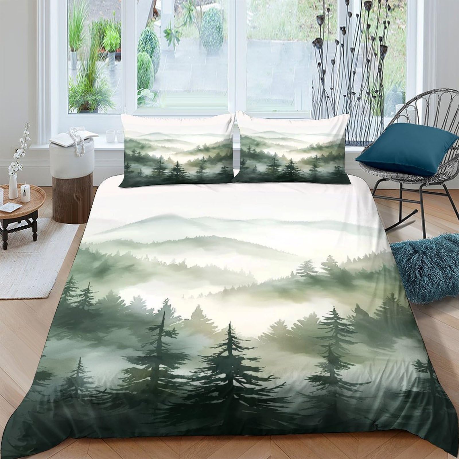 Ctjqhvkz Style-6 3D Printed Misty Forest Fitted Sheet Microfiber Soft Green Mountain Mattress Cover For Bedroom Guest Room Decor Single（135X200cm）