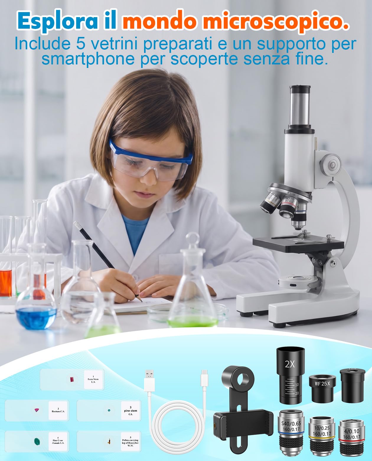 Microscopio 40X-2000X per Bambini Studenti Adulti: Microscopio Ottico Professionale per Lab, Casa e Scuola con Vetrini, Supporto per phone, Struttura in Metallo, Regalo Educativo per ragazzi 8-12