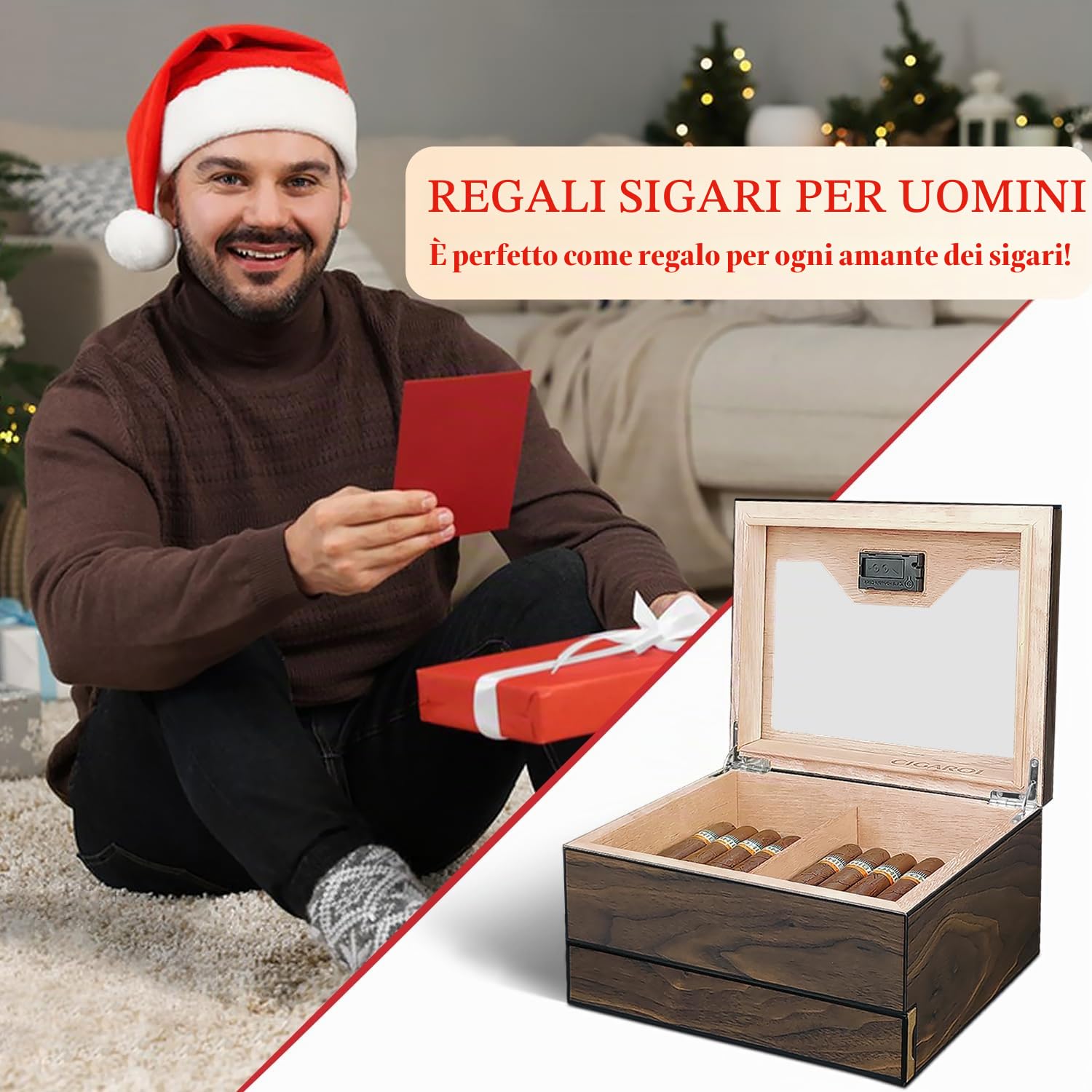 Humidor Sigari, Portasigari in Legno di Cedro con Igrometro e Umidificatore, Humidor per Sigari Fatto a Mano con Cassetto per 25-30 Sigari, Perfetto Regalo per Uomo (Sigaro Non Incluso)