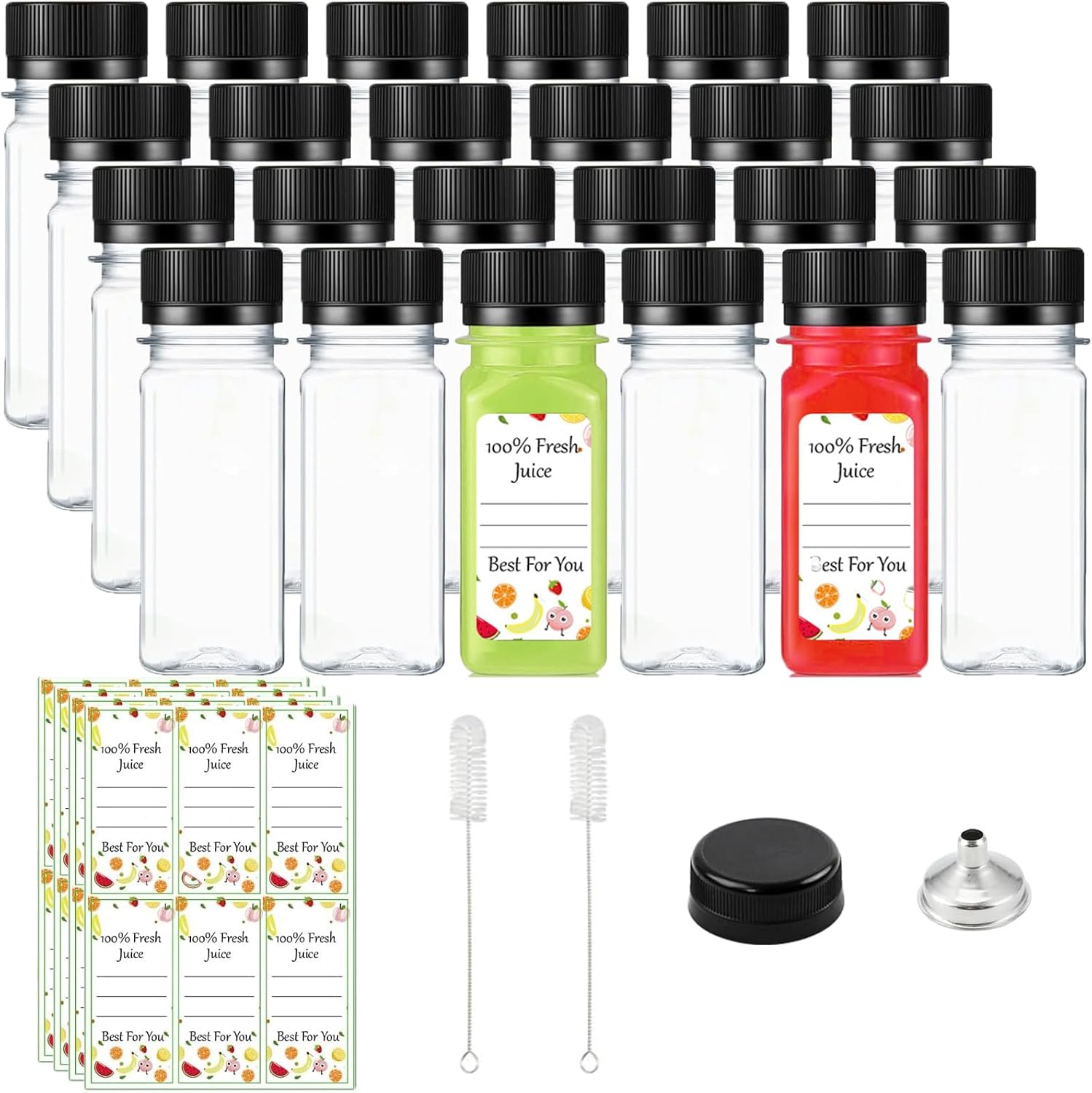 24 Pack 2Oz Clear Plastic Juice Bottles with Lids, Labels & Funnel - Ideal for On-the-Go Drinks Sports & Outdoor Activities