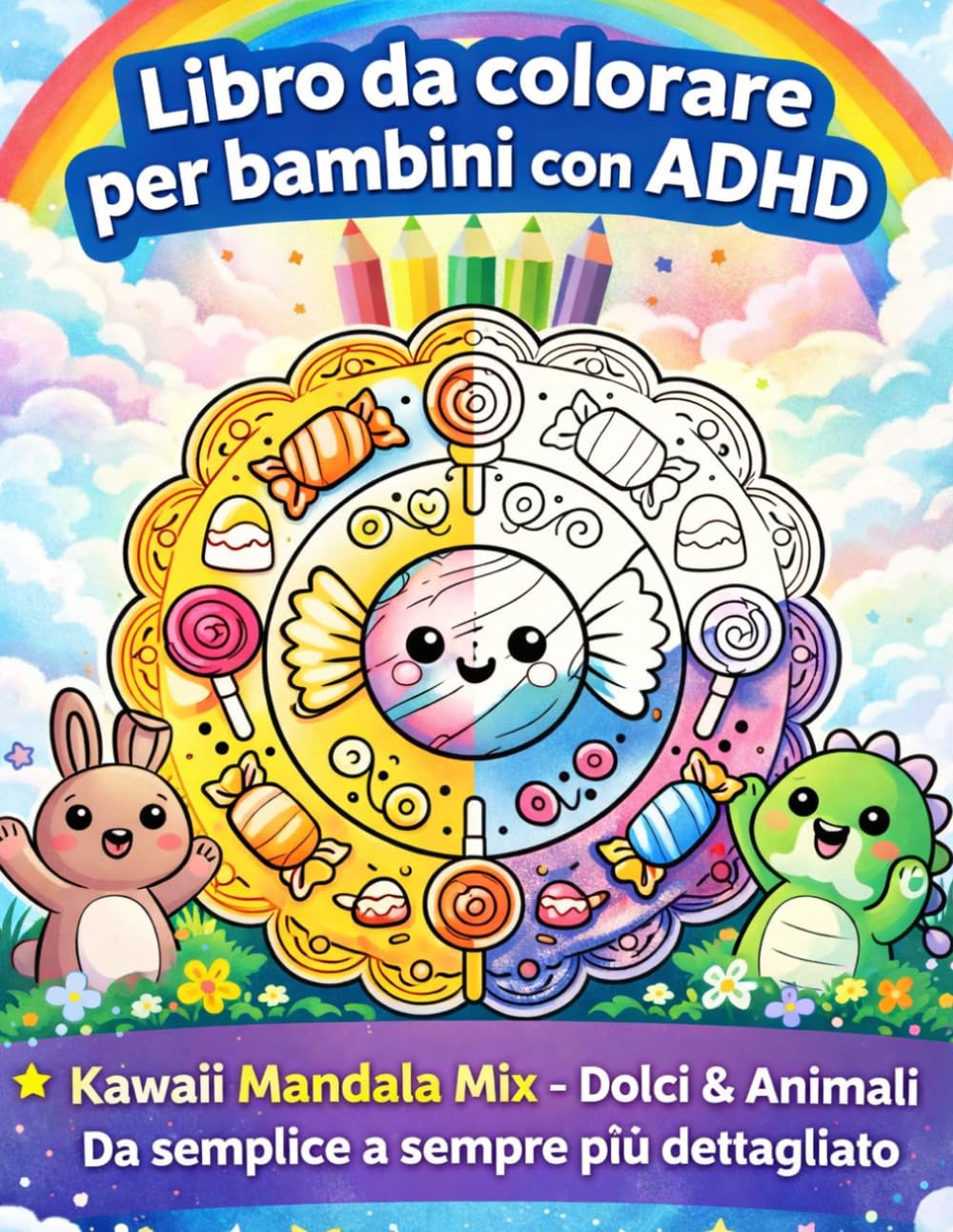 Libro da colorare per bambini con ADHD: Kawaii Mandala Mix – Dolci & Animali | Da semplice a sempre più dettagliato