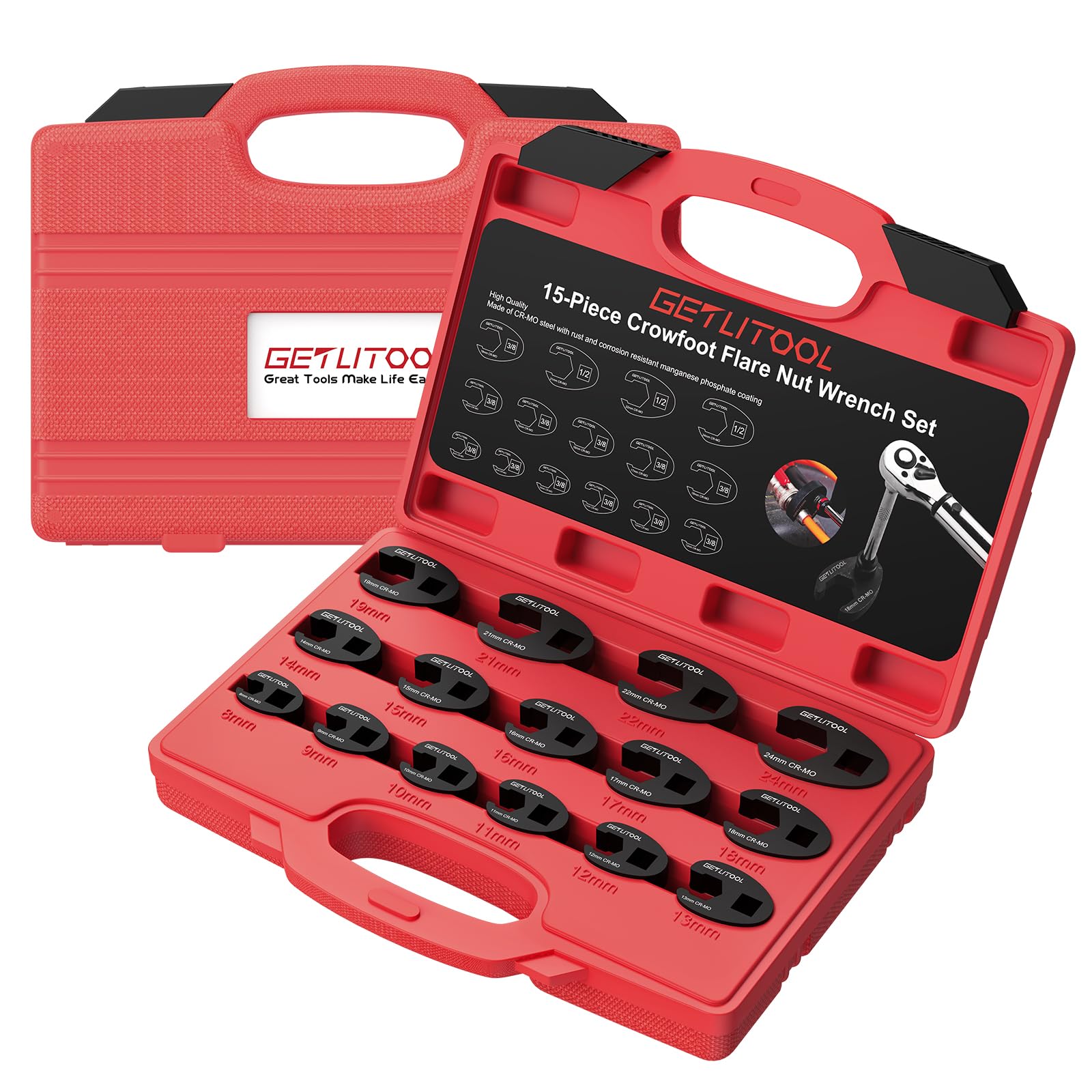 GETLITOOL Juego de 15 piezas Llaves de Boca Llaves Crowfoot 3/8" y 1/2", 8-24 mm, Cromo-Molibdeno para Trabajos Mecánicos con Estuche Fácil de Transportar