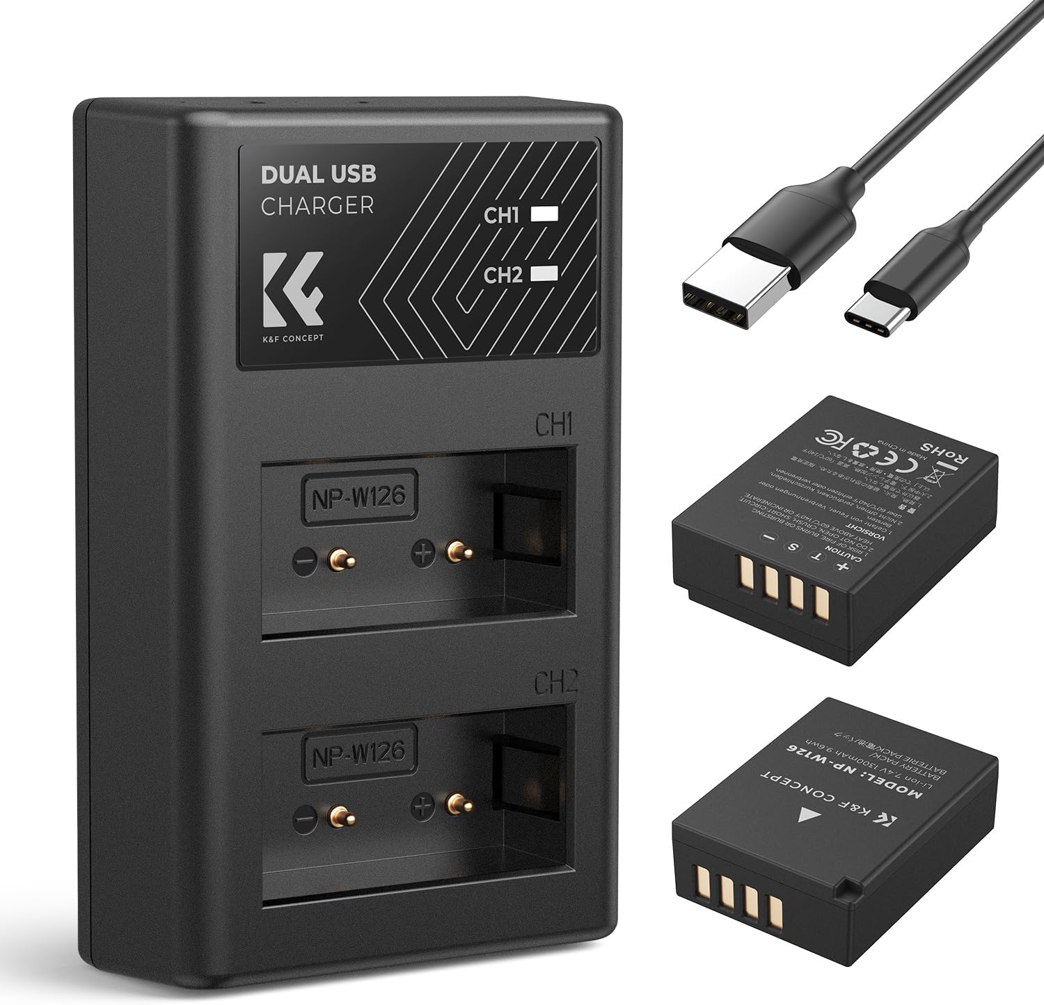 K&F Concept NP-W126 NP-W126S Battery and Dual Charger for Fujifilm Batteries Compatible with Fujifilm X100VI, X-T3, X-T2, X-T1, XT30II, XT30, XT20,X-Pro2 Cameras