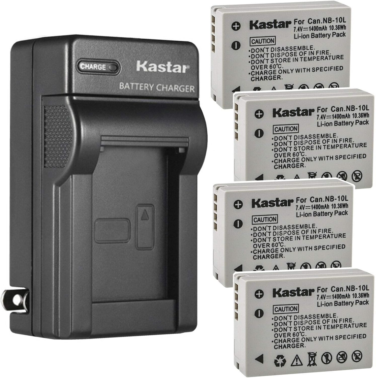 Kastar 4-Pack Battery and AC Wall Charger Replacement for Canon NB-10L NB10L, NB-10LH NB10LH Battery, Canon CB-2LC Charger, Canon PowerShot SX40 HS, PowerShot SX50 HS, PowerShot SX60 HS Cameras