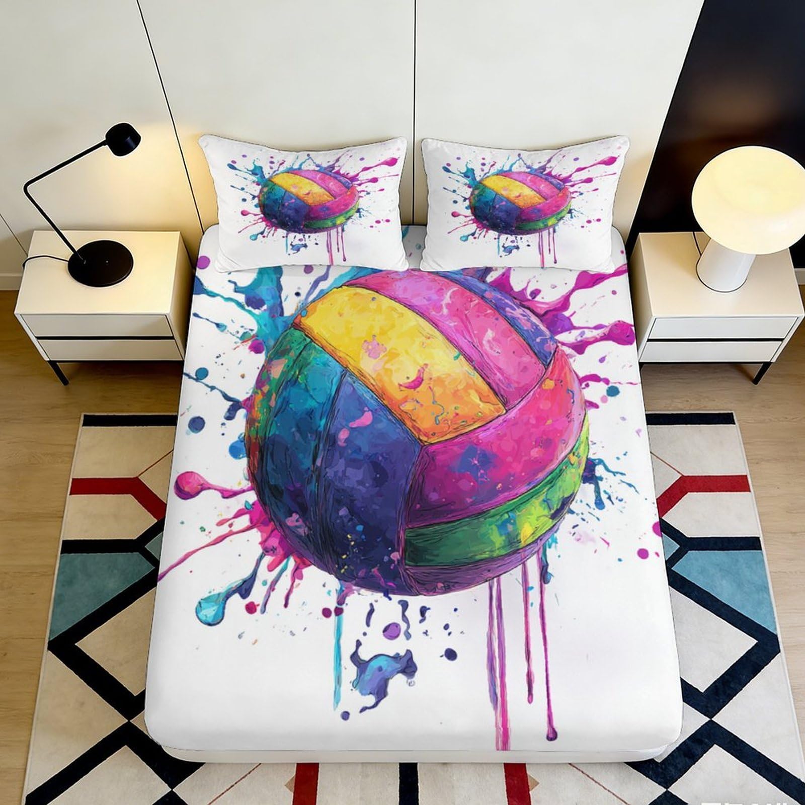3D Printed Colorful Splash Volleyball Fitted Sheet Microfiber Soft Bed Cover for Bedroom Dorm Decor Mattress Protection 90x200x25cm