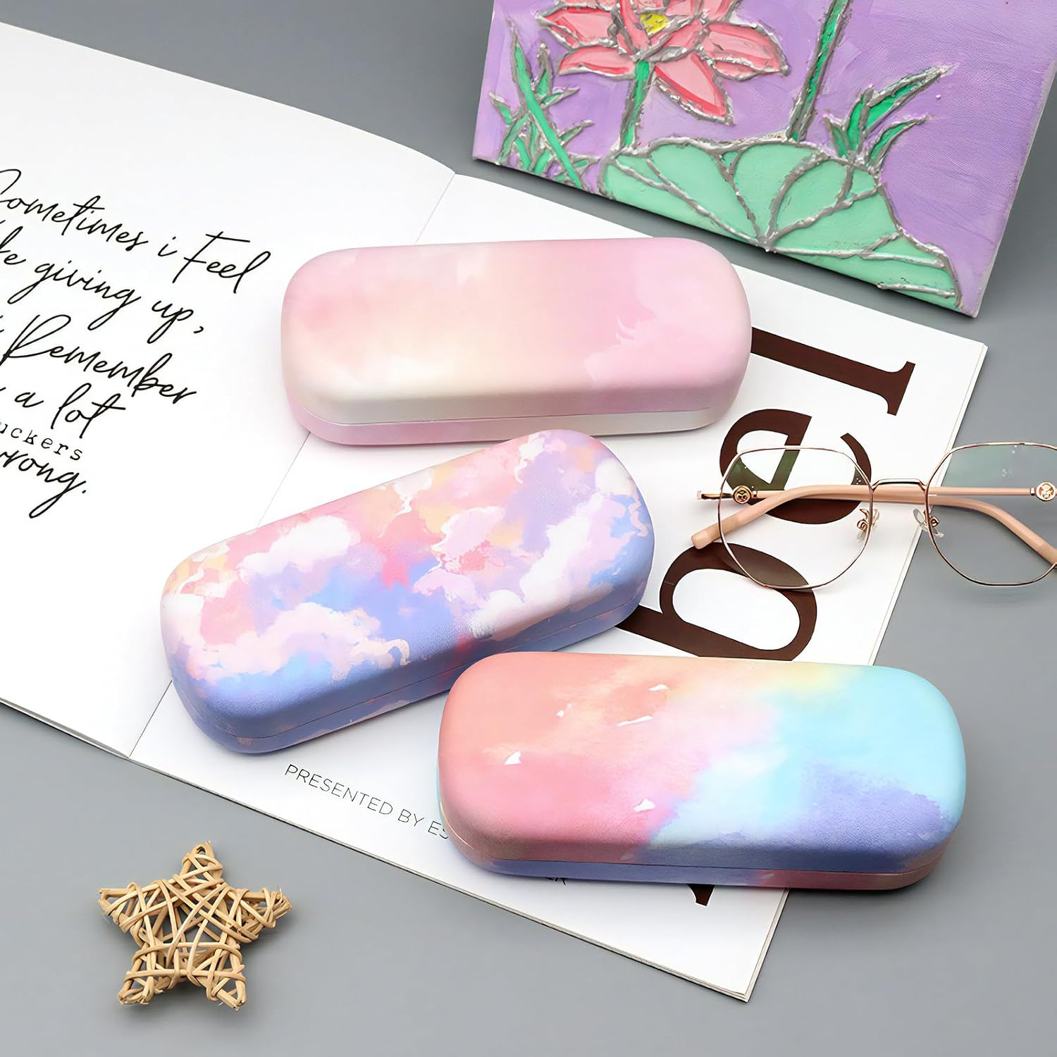 3 Pack Sunglass Cases Hard Shell, Cute Large Eyeglasses Case Linen Clound Glass Organizations for Women Girls, Classical