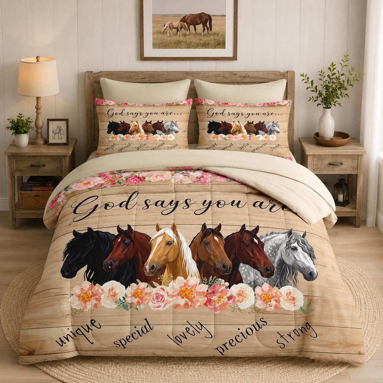 WeCozy Juego de edredón de 5 piezas de tamaño individual con funda de almohada y funda, juego de ropa de cama de flores de animales de caballos para niños y adultos, pensamientos inspiradores, cama en