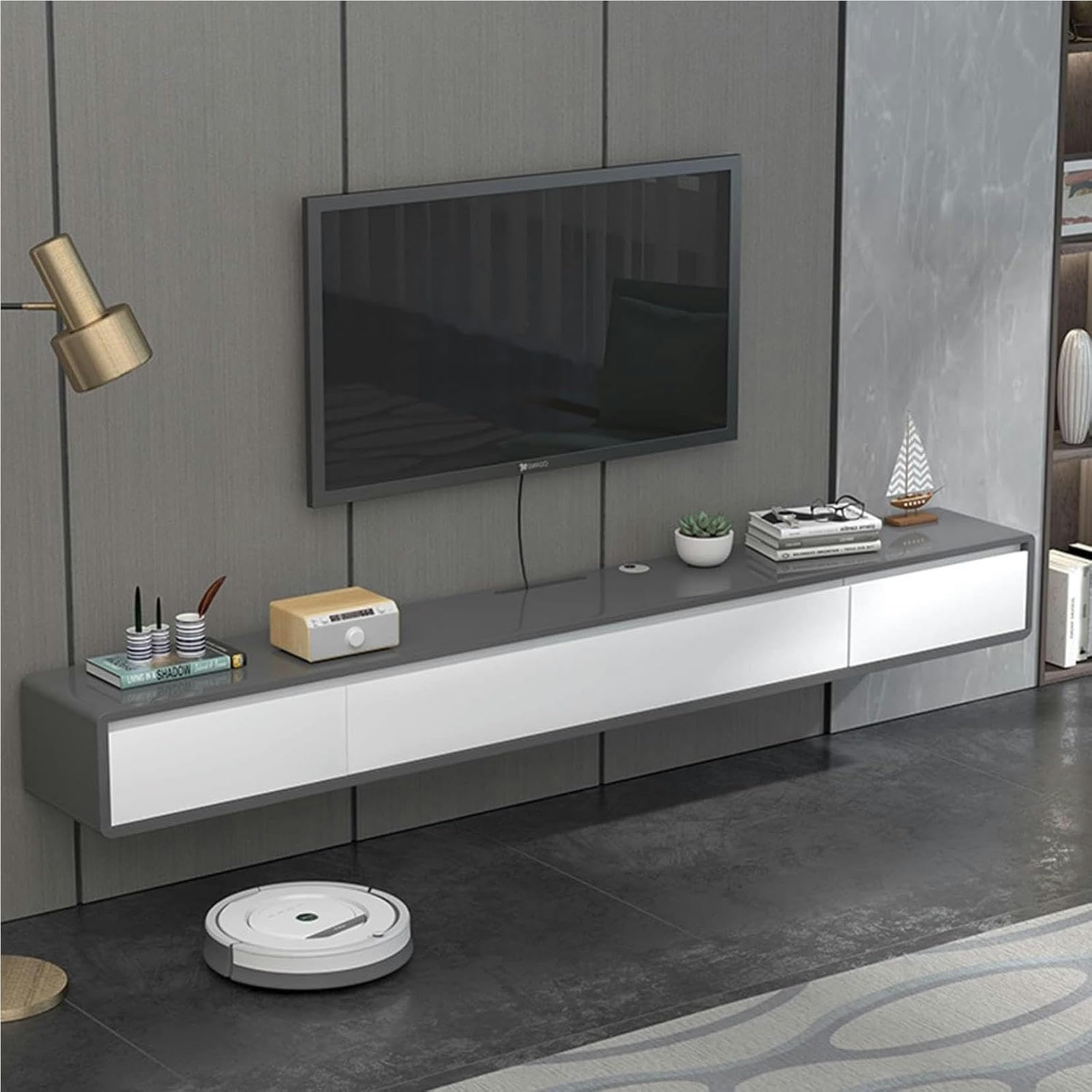 Meuble TV Suspendu 120/140cm avec 2 Tiroirs pour Rangement Multimédia