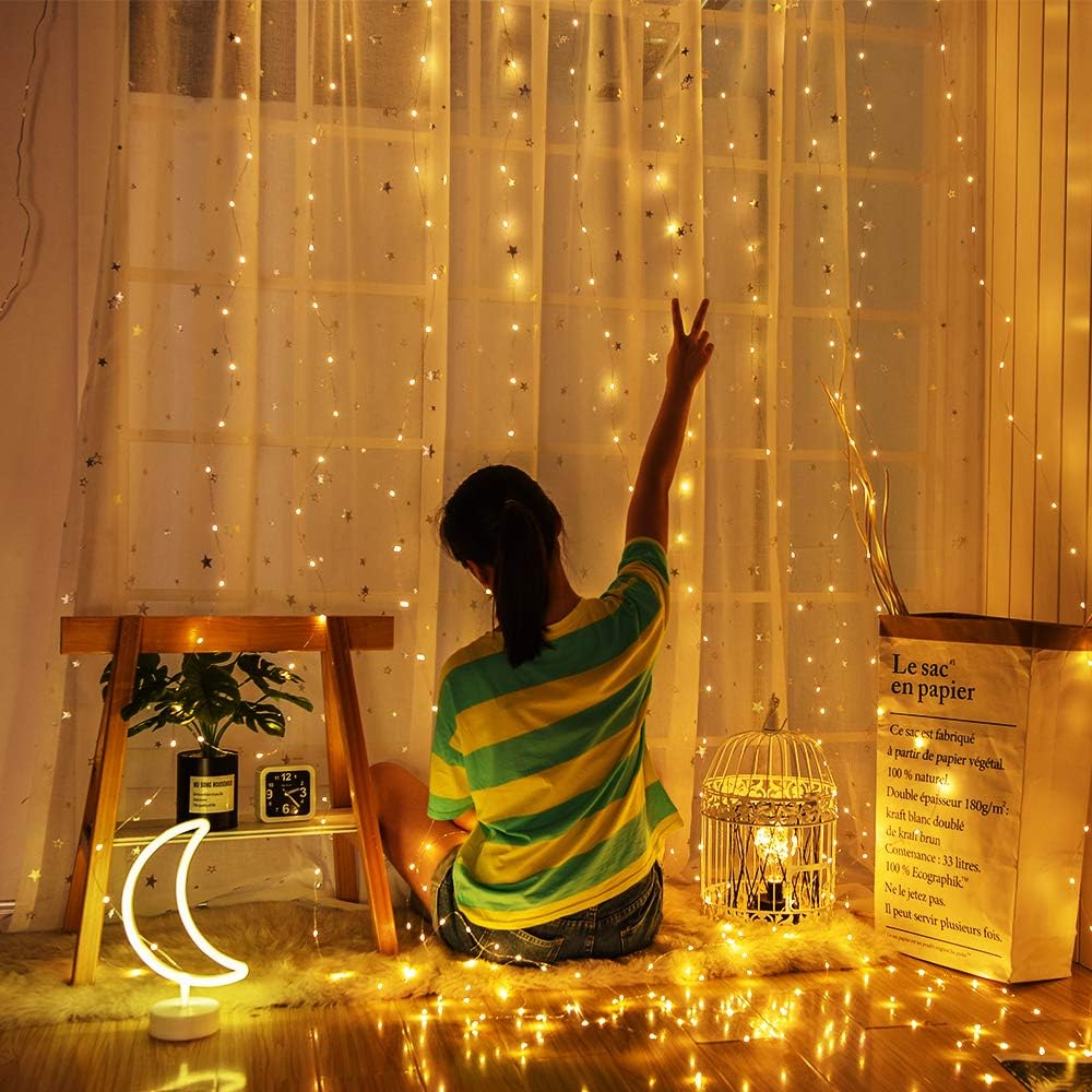 300 LED 8 Modes Window Curtain Twinkle Starry Lights, USB Remote Copper Icicle Curtain Lights Fairy String Lights Decor for Festival/Wedding/Party/Garden-9.8ft x 9.8ft(Warm White) …