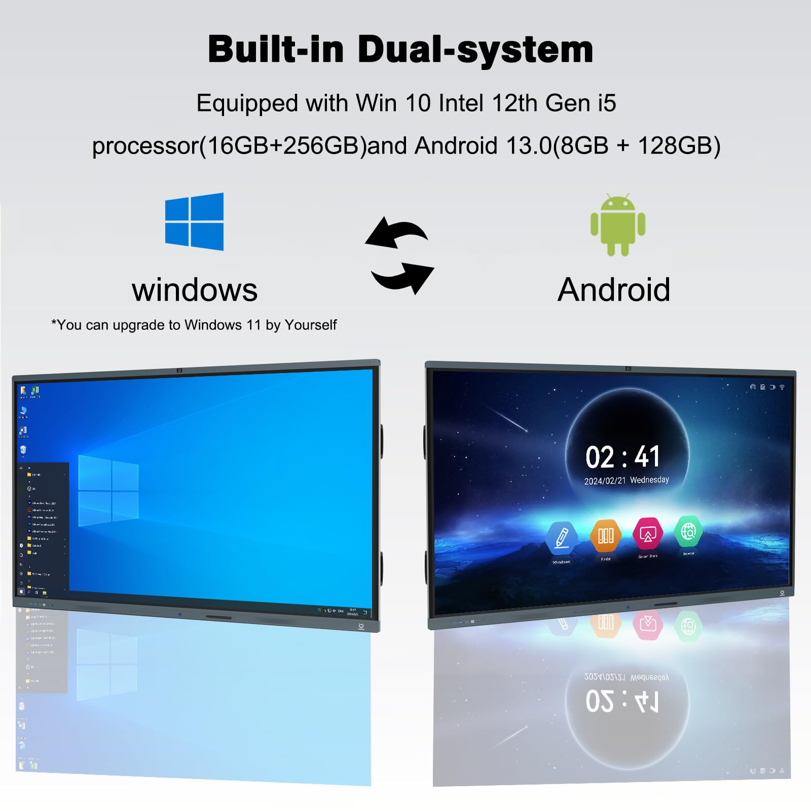 LINGHUFOX Smart Board, 86 Inch 4K Touch Screen Interactive Whiteboard Built in AI Camera and 8 Mics, All in One Computer with Windows 10 & Android for Classroom Office Home (Board+Mini PC+Wall Mount)