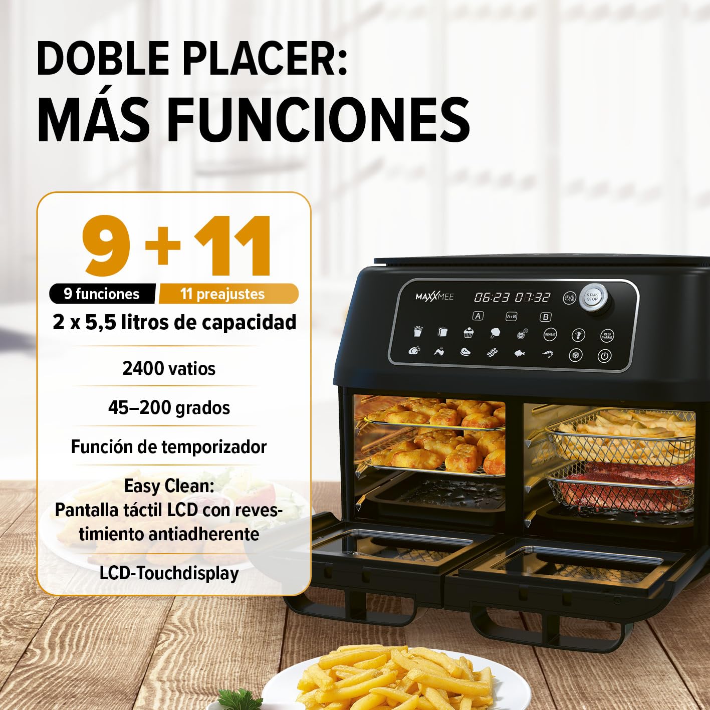 MAXXMEE Freidora de aire caliente de doble cámara 11 l | Combinación inteligente de horno de aire caliente, parrilla y freidora con 2 compartimentos XXL de 5,5 litros cada uno | Panel de control