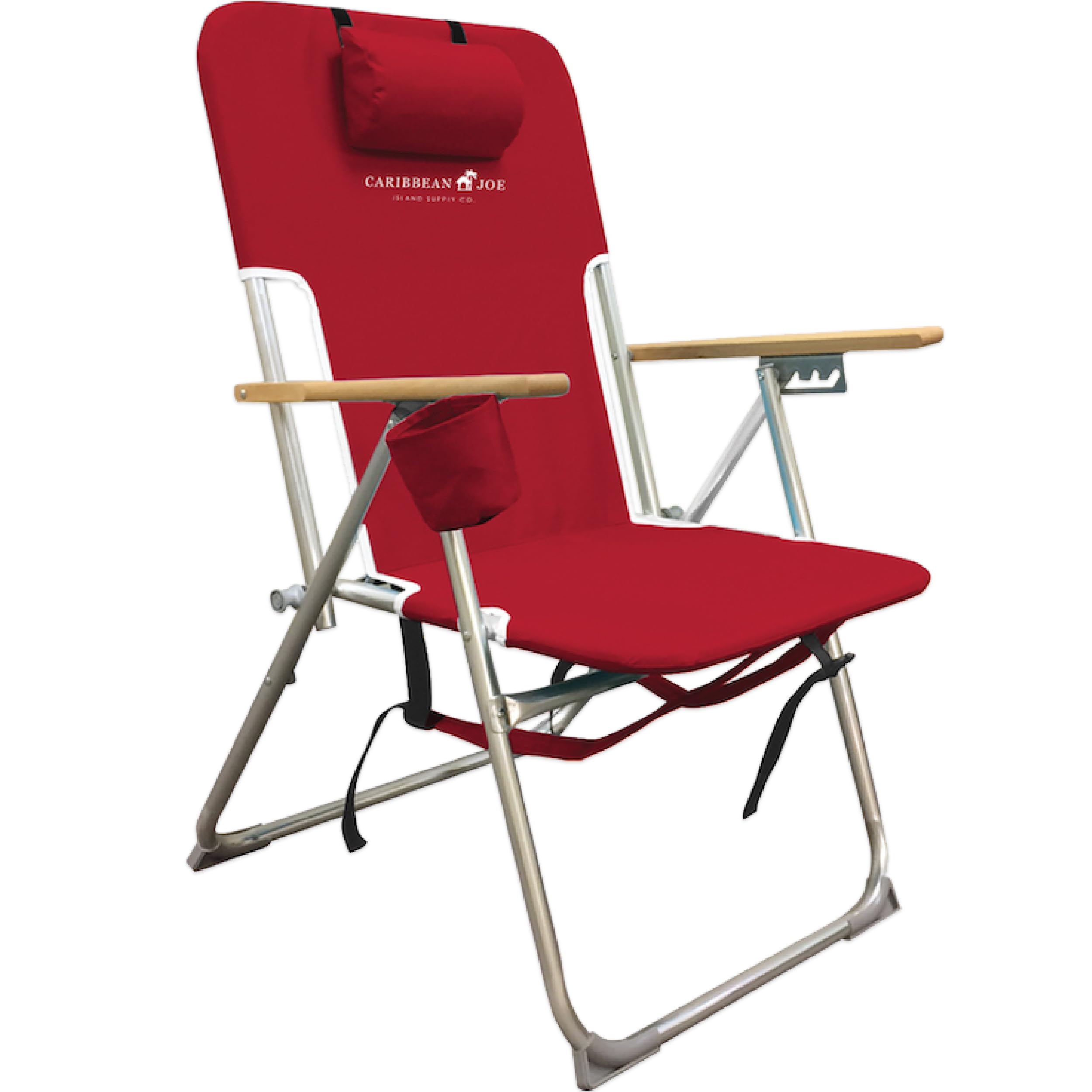 Chaby International Caribbean Joe High Weight Capacity, Portable Folding Backpack Beach & Camping Chair Four Reclining Positions, Head Pillow, Cup Holder, Wooden Armrests