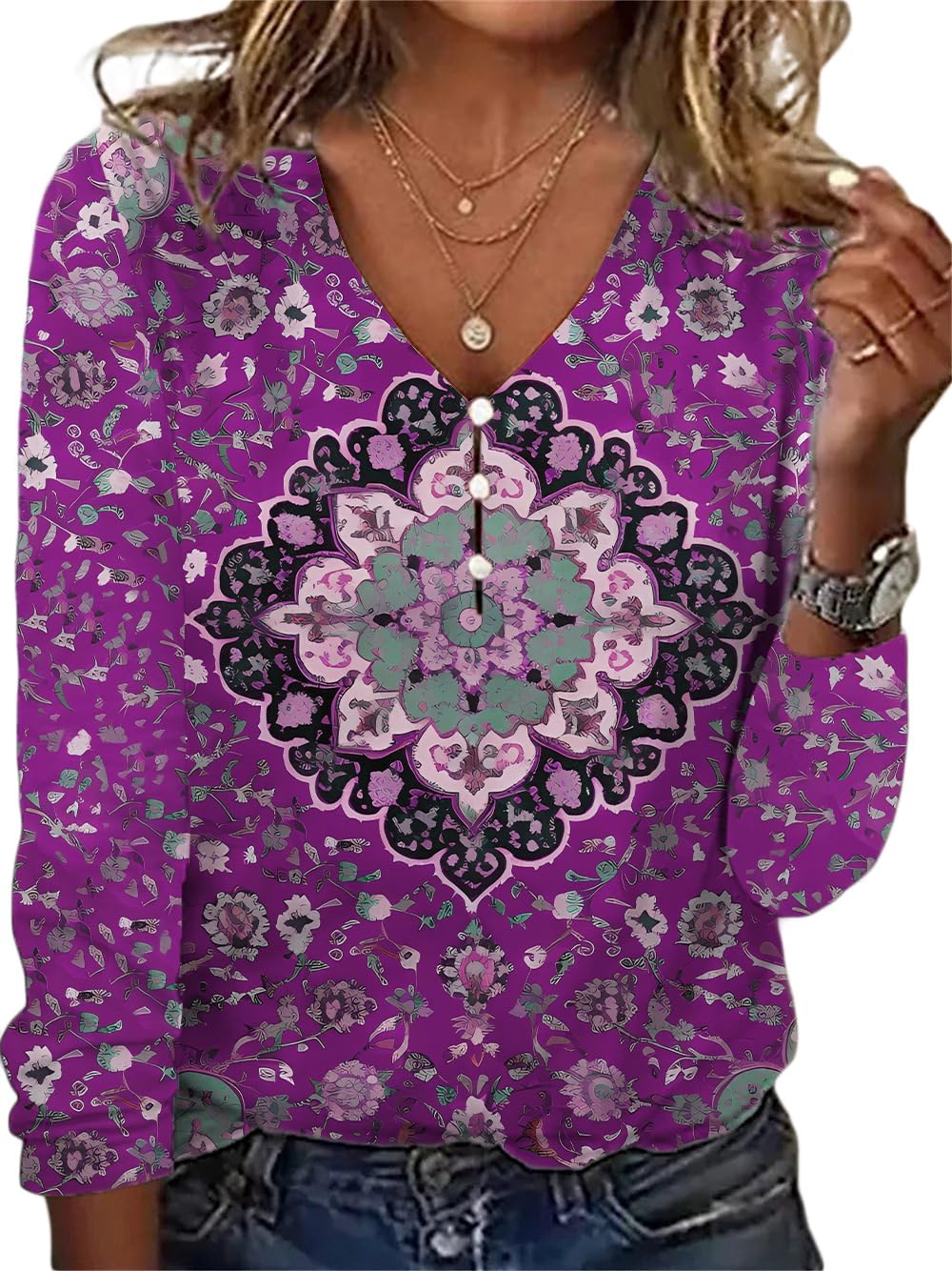 HOTYD Women’s Boho Floral Print Blouses for Women Dressy Casual Button Cute Blouse V Neck Long Sleeve Shirts Tunic Tops