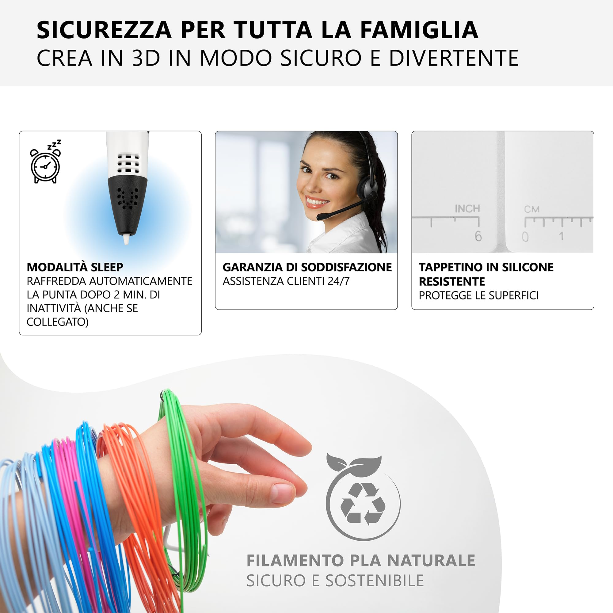 Penna 3D Inspire Labs, Creatività e Divertimento per Bambini e Adulti con Spegnimento Sicuro, Base in Silicone, Modalità Automatica/Manuale, 100 M Filamento PLA (20 Colori) + Guida in Italiana