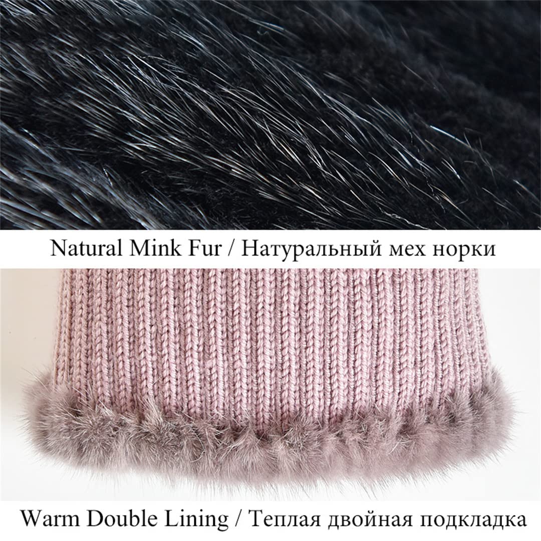KMMBBTY Sombreros de Invierno de Piel de visón para Mujer con Gorro de Punto con Pompones, Gorro Femenino de elásticos cálidos a la Moda