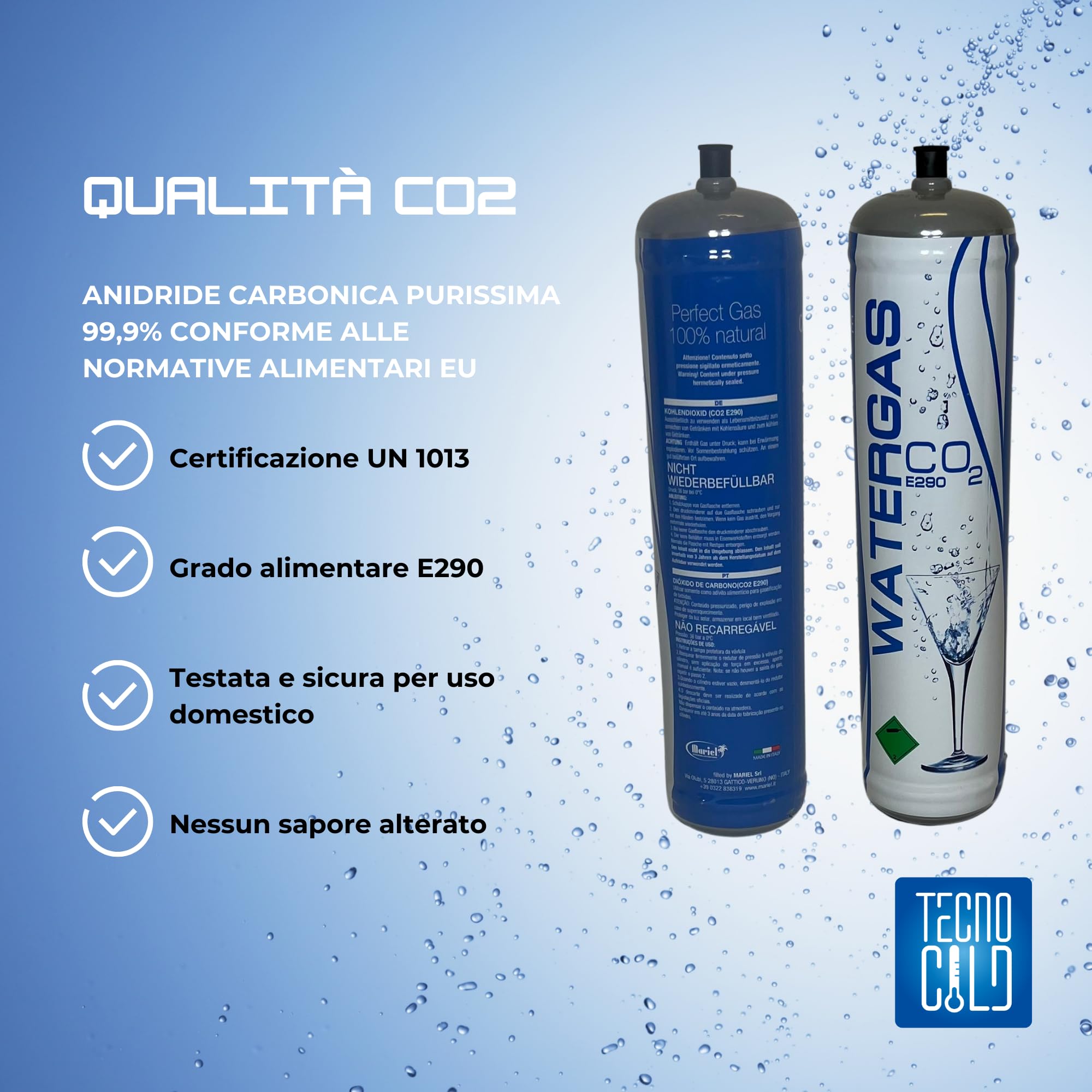Tecno Cold | Bombola CO2 1300 g Alimentare E290 per Gasatore – CO2 per Acqua Frizzante – Bombole CO2 Monouso M11x1 per Casa e Ufficio