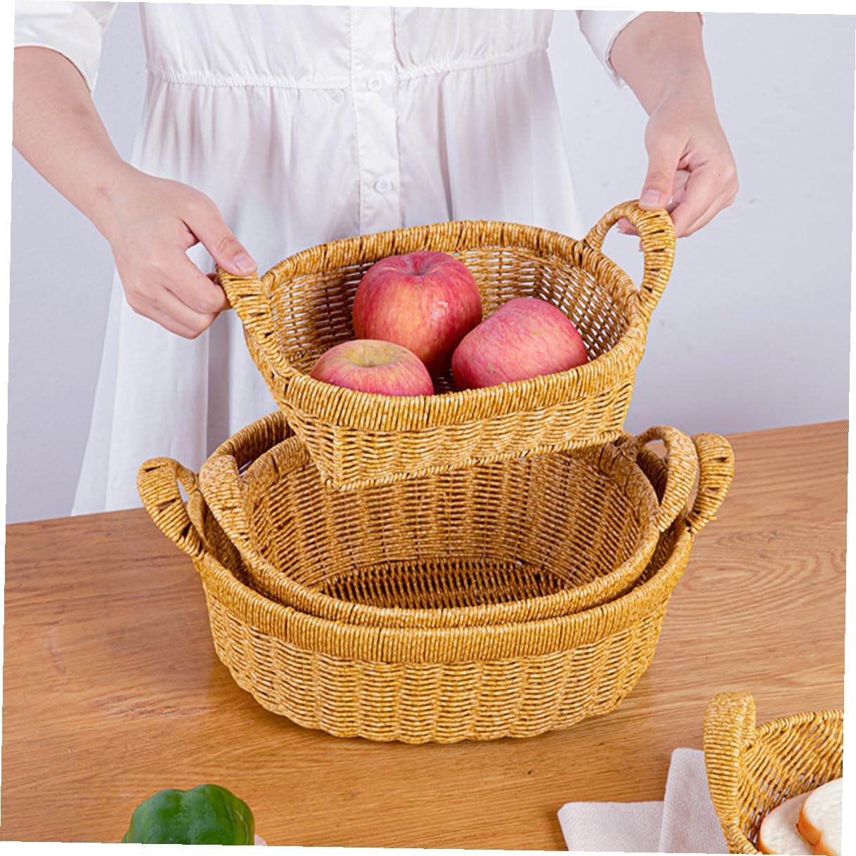 Simulated Rattan Serving Tray Bread and Snack Storage Basket with Double Handles Large Oval Deep Design Light Coffee Color for Kitchen Organizer and Outdoor Picnic