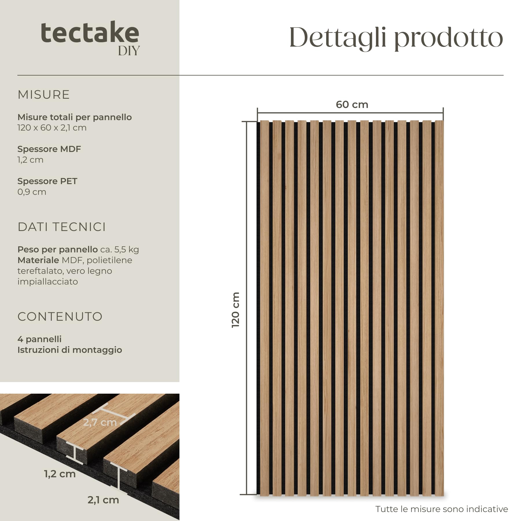 Tectake Set di 4 Pannelli Acustici Effetto Legno 120 x 60 x 2,1 cm Fonoassorbenti Decorativi per Pareti Design Moderno Rovere Chiaro