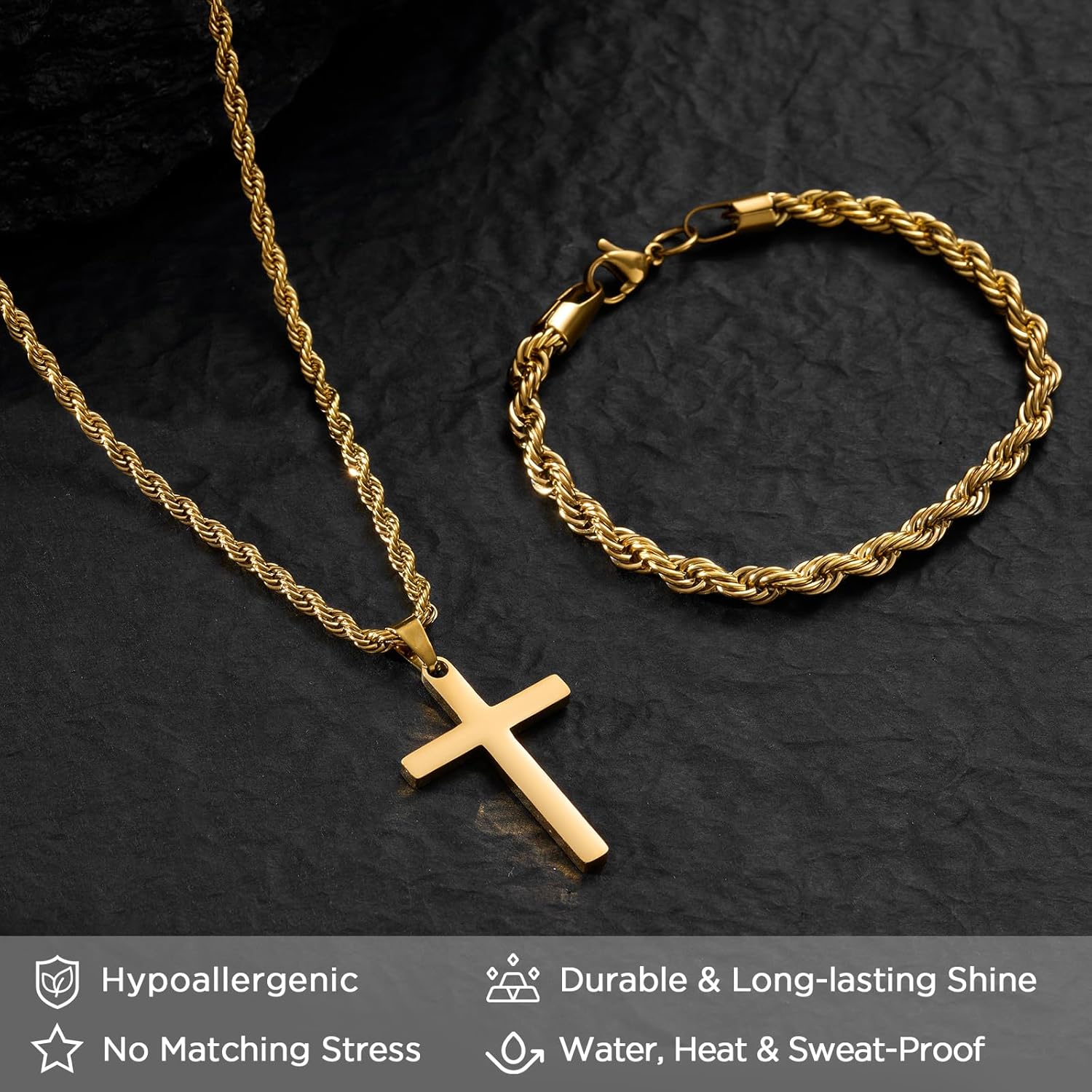 NORBU Stainless Steel Cross Necklace and Bracelet Set for Men, Rope Link Chains 18"/20"/22" Length, Bracelet 7 1/2" and 8" Length, No Tarnish & Durable Mens Religious Gift - Image 2