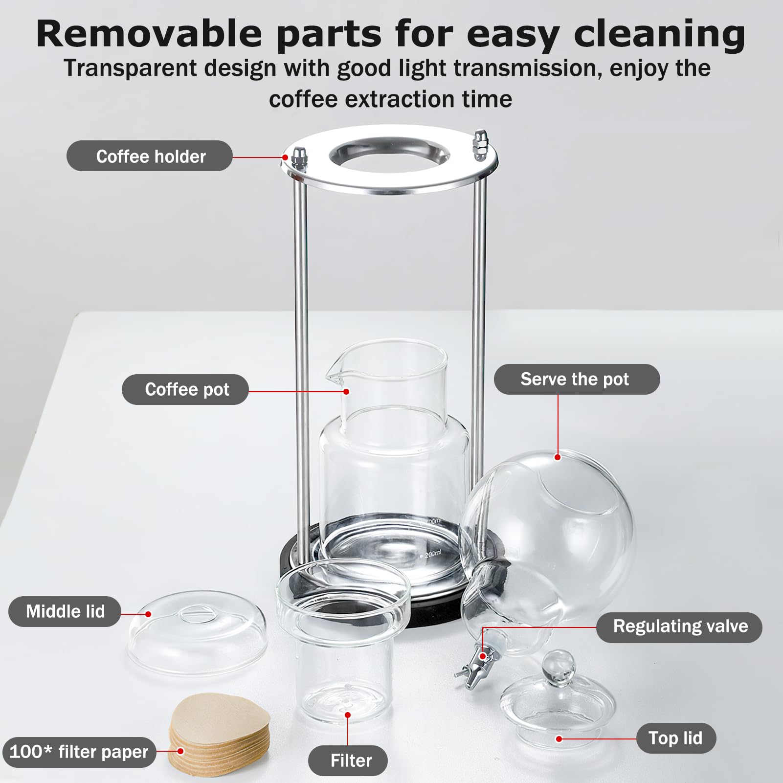 Ice Cold Brew Dripper Coffee Maker, Macchina caffè americano,Cold Brew Drip Tower 600ml Riutilizzabile Filtraggio in Vetro Supporto in Acciaio Inossidabile Trasparente DIY Ice Coffee Brew Tower