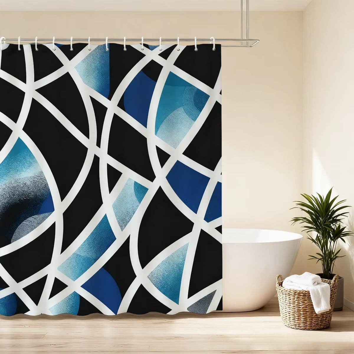 KELAIMI Blue Black Abstract Geometric Shower Curtain,Modern Aesthetic Bathroom Curtain,Waterproof Washable Bathtub Curtains with Hooks Blue 90X180Cm