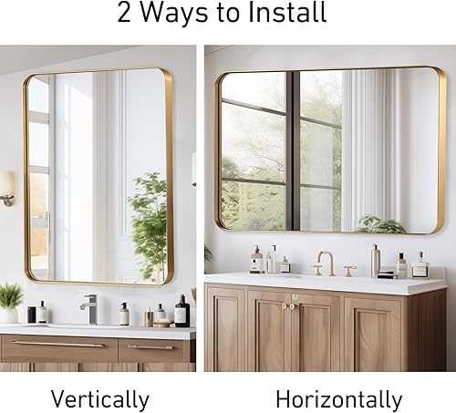 Miniatura 7 de Espejo de baño dorado de 22 x 30 pulgadas, espejo rectangular con marco de metal cepillado con esquina redondeada, espejo de tocador de baño dorado