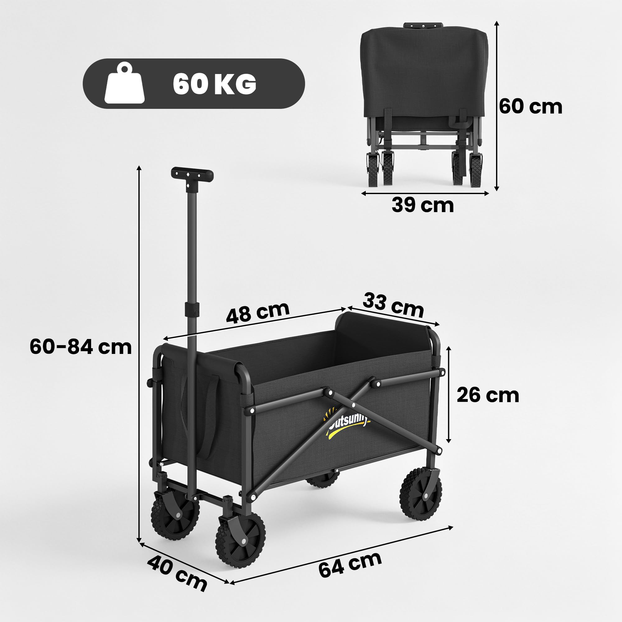 Outsunny Chariot de Transport de Plage Pliable à roulettes 60 kg Noir | Chariot de Jardin, Poignée Télescopique, Remorque avec Sacs de Transport, pour Plage, Camping, Festival