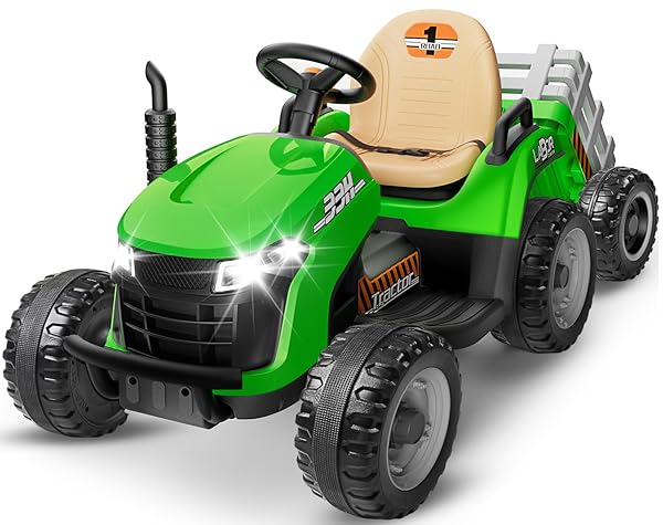 24V Ride On Tractor w/Tiltable & Detachable Trailer, 2x65W Motors, EVA Tires, Remote Control, Bluetooth, Shifter, Music, Electric Car for Kids, Green